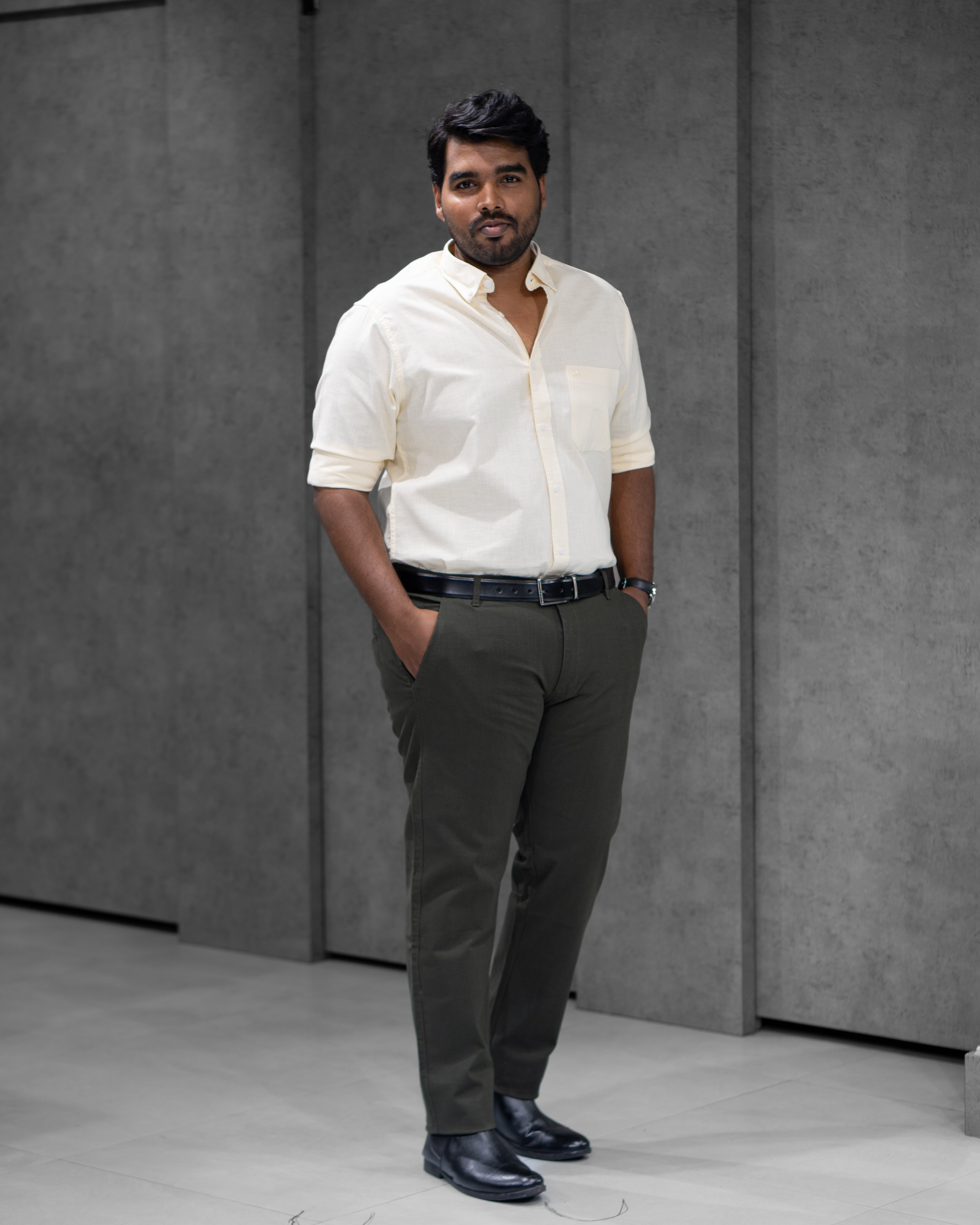 Menly Lime Yellow Cotton Linen Shirt & Dark Olive Linen Pants Combo