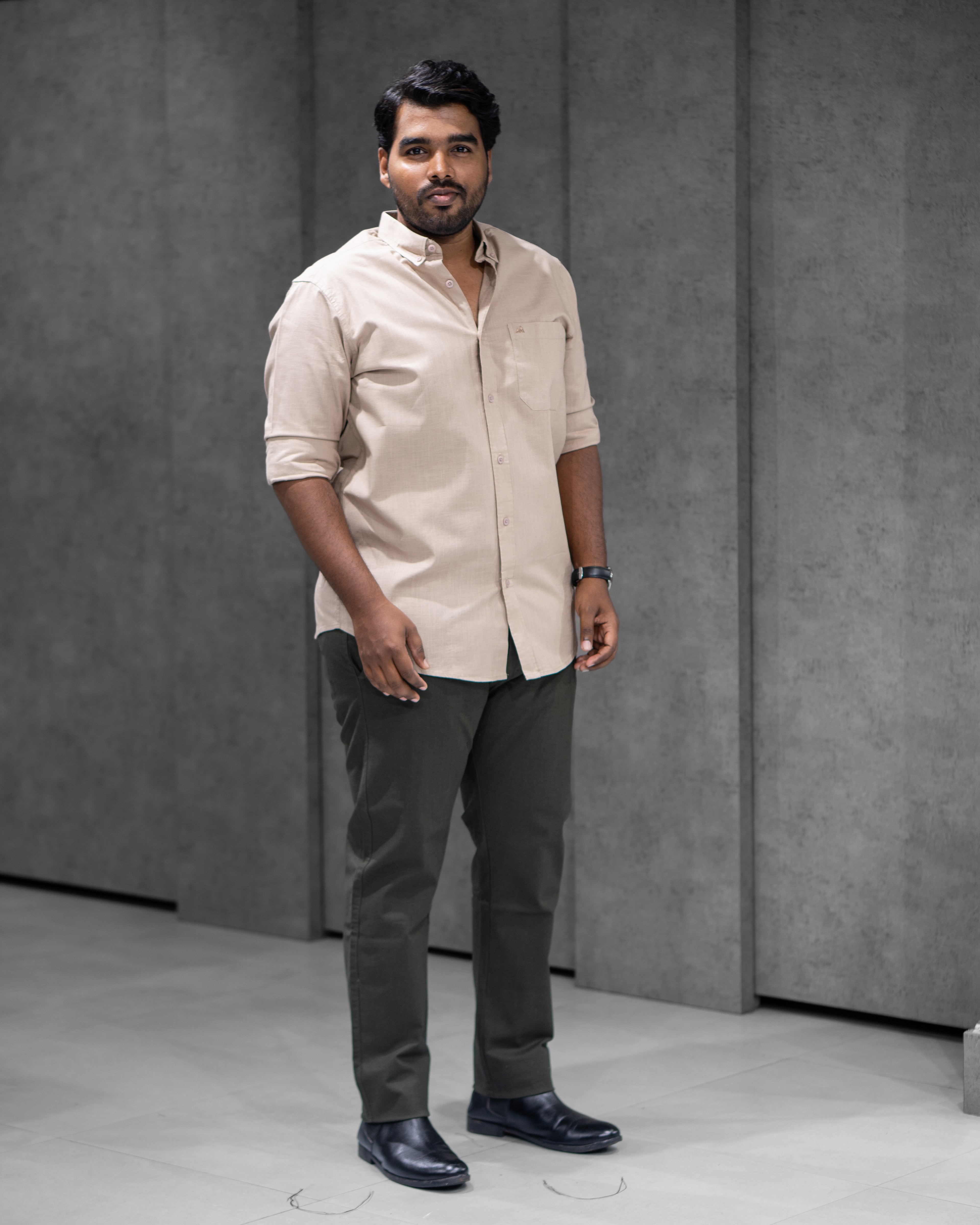 Menly Beige Cotton Linen Shirt & Dark Olive Linen Pants Combo