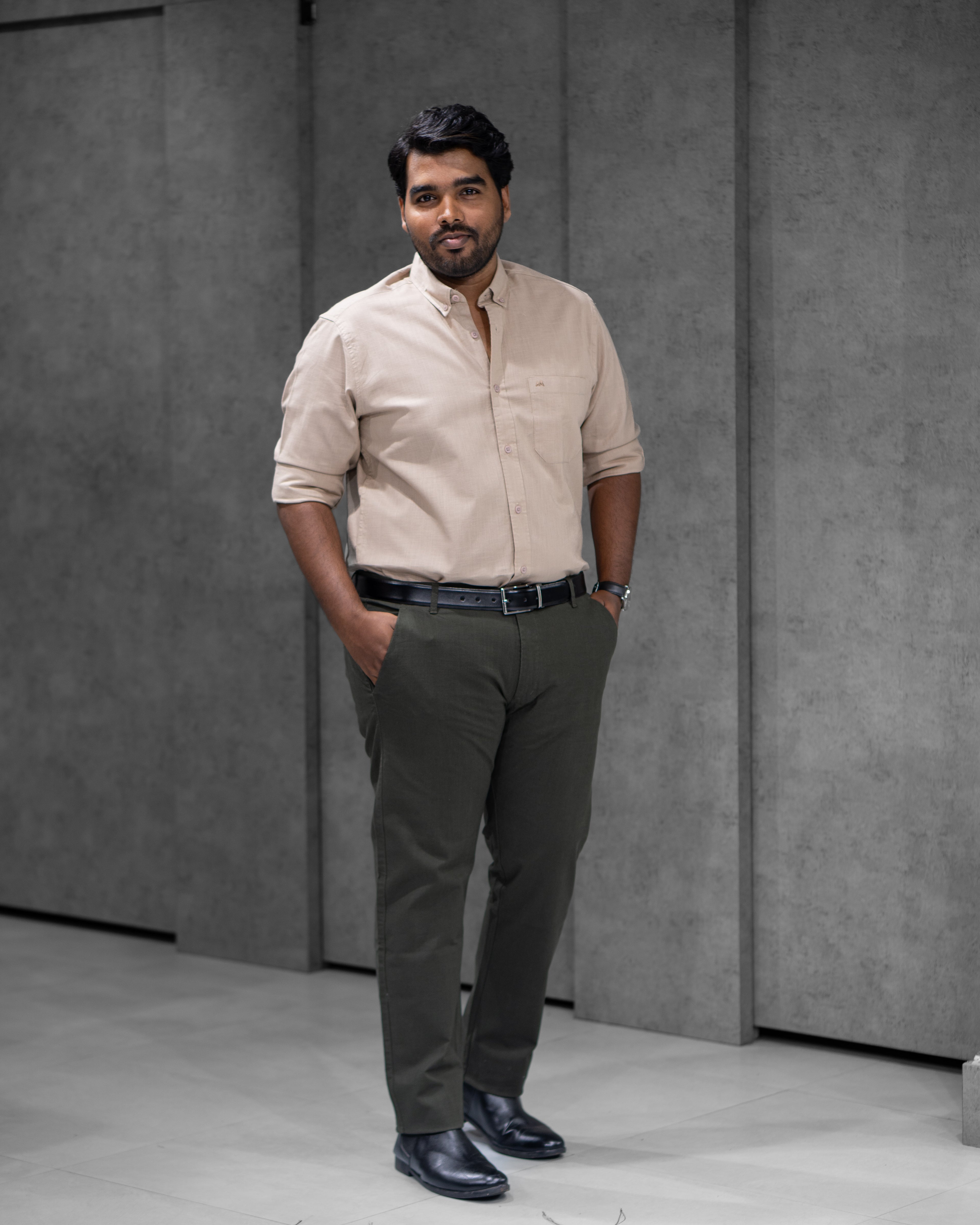 Menly Beige Cotton Linen Shirt & Dark Olive Linen Pants Combo