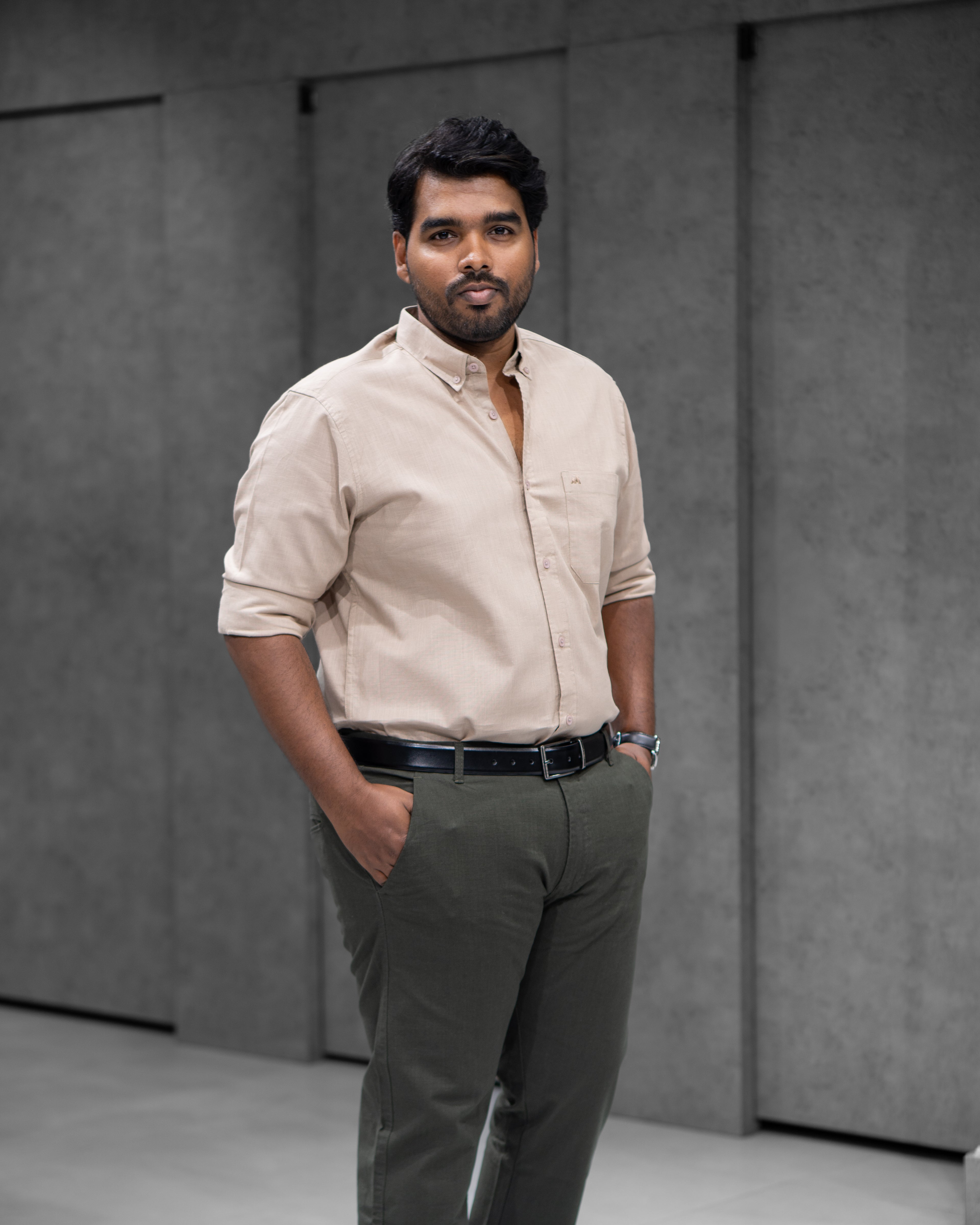 Menly Beige Cotton Linen Shirt & Dark Olive Linen Pants Combo
