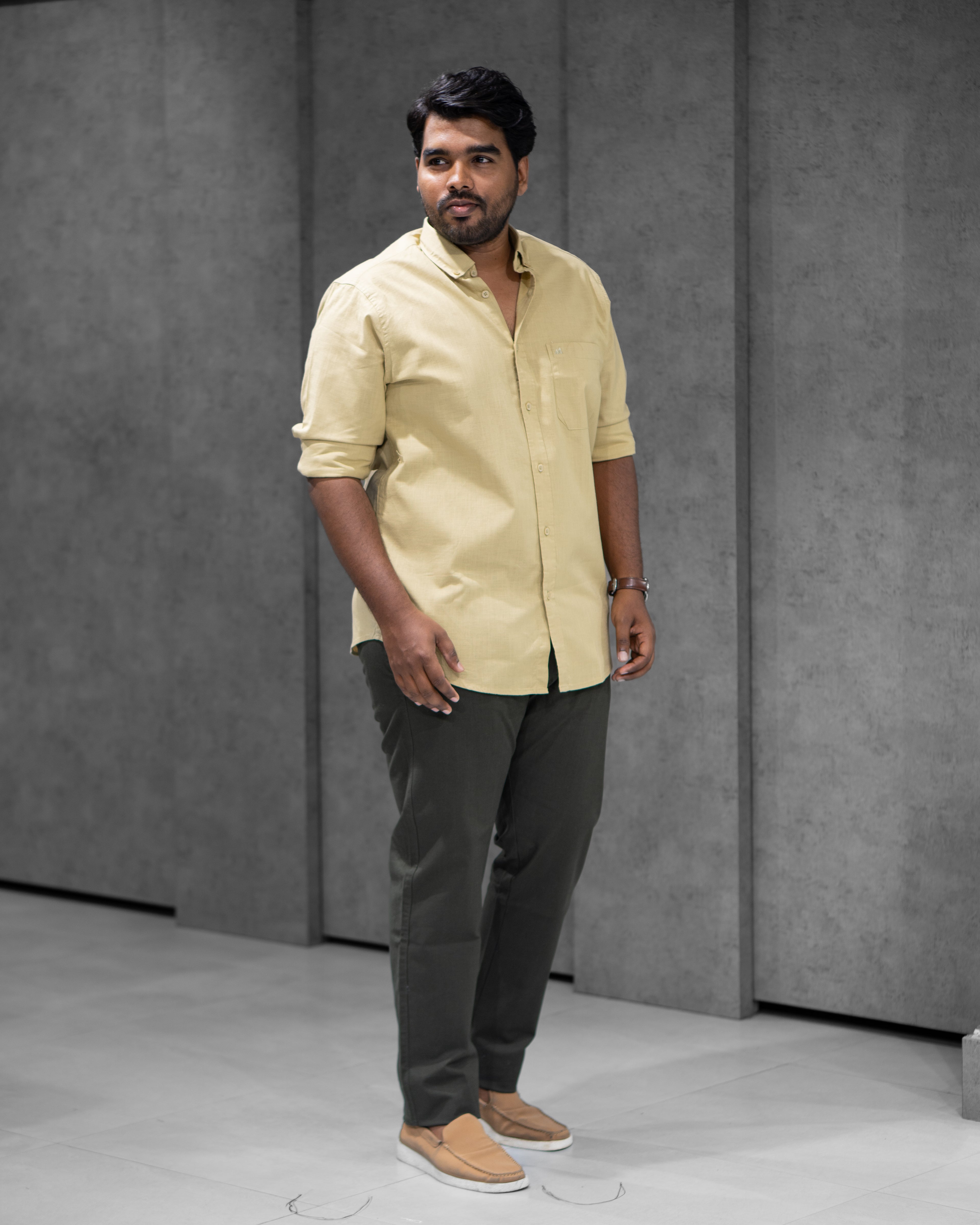 Menly Mustard Olive Cotton Linen Shirt & Dark Olive Linen Pants