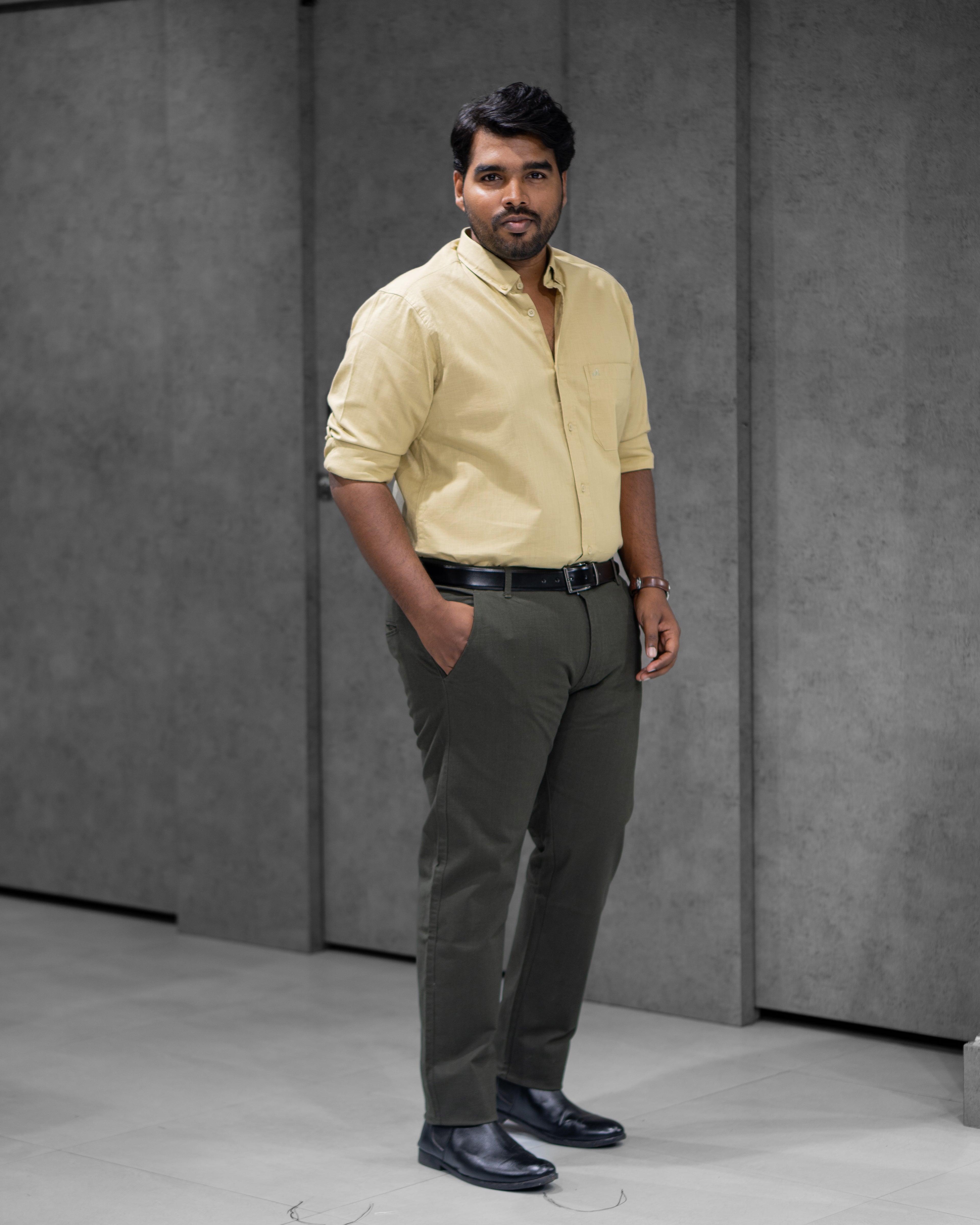 Menly Mustard Olive Cotton Linen Shirt & Dark Olive Linen Pants