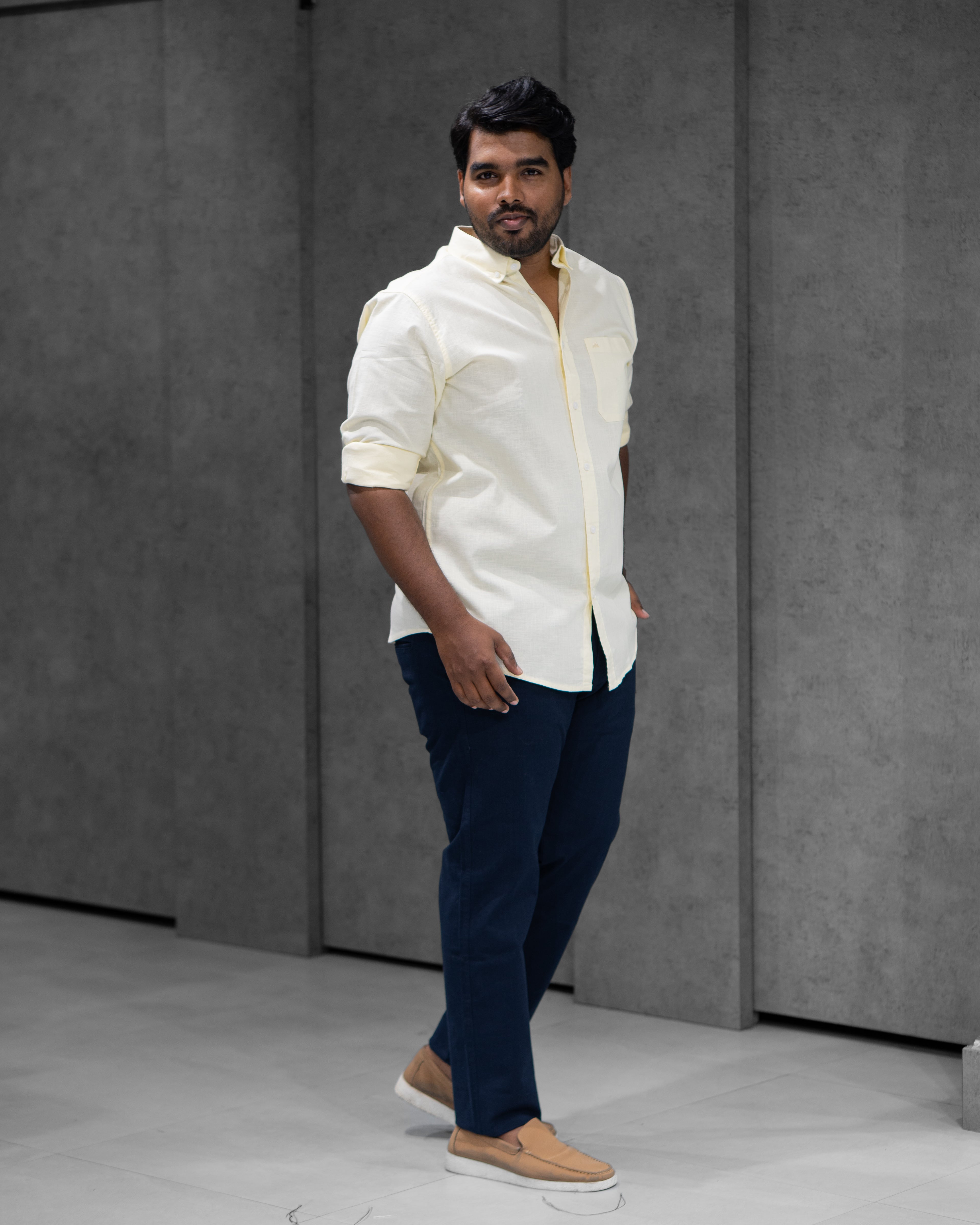 Menly Light Yellow Cotton Linen Shirt & Navy Blue Linen Pants Combo