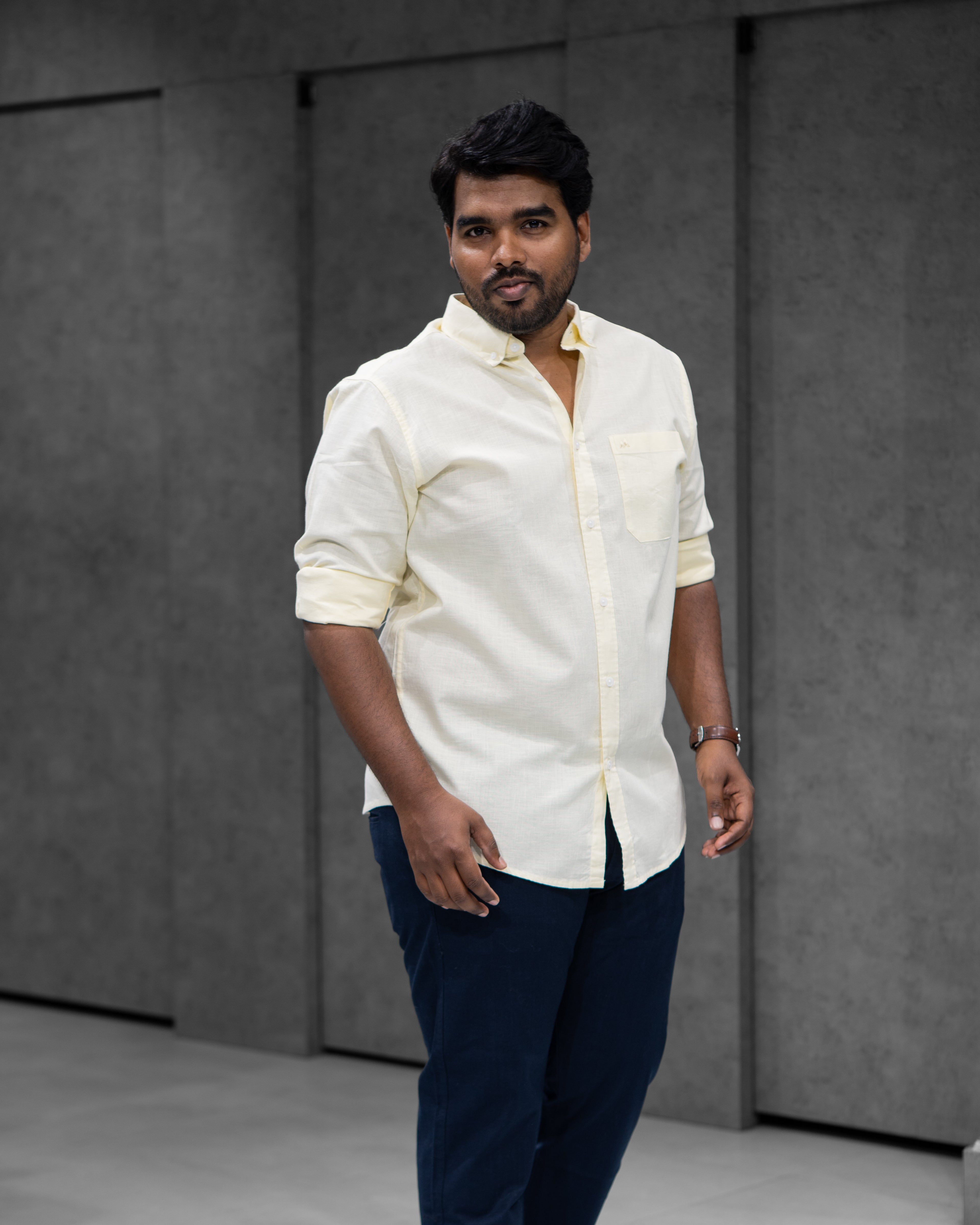 Menly Light Yellow Cotton Linen Shirt & Navy Blue Linen Pants Combo