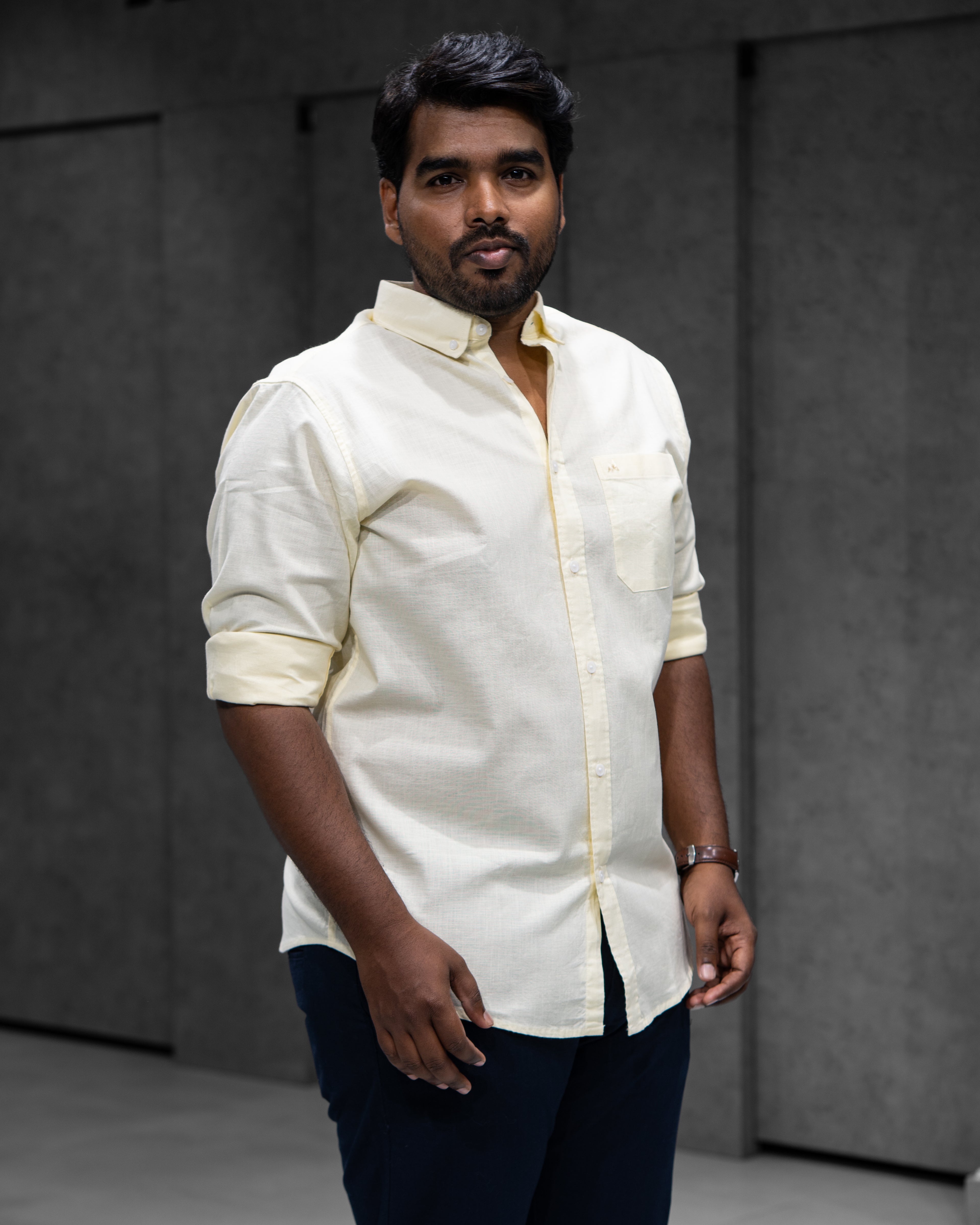 Menly Light Yellow Cotton Linen Shirt & Navy Blue Linen Pants Combo