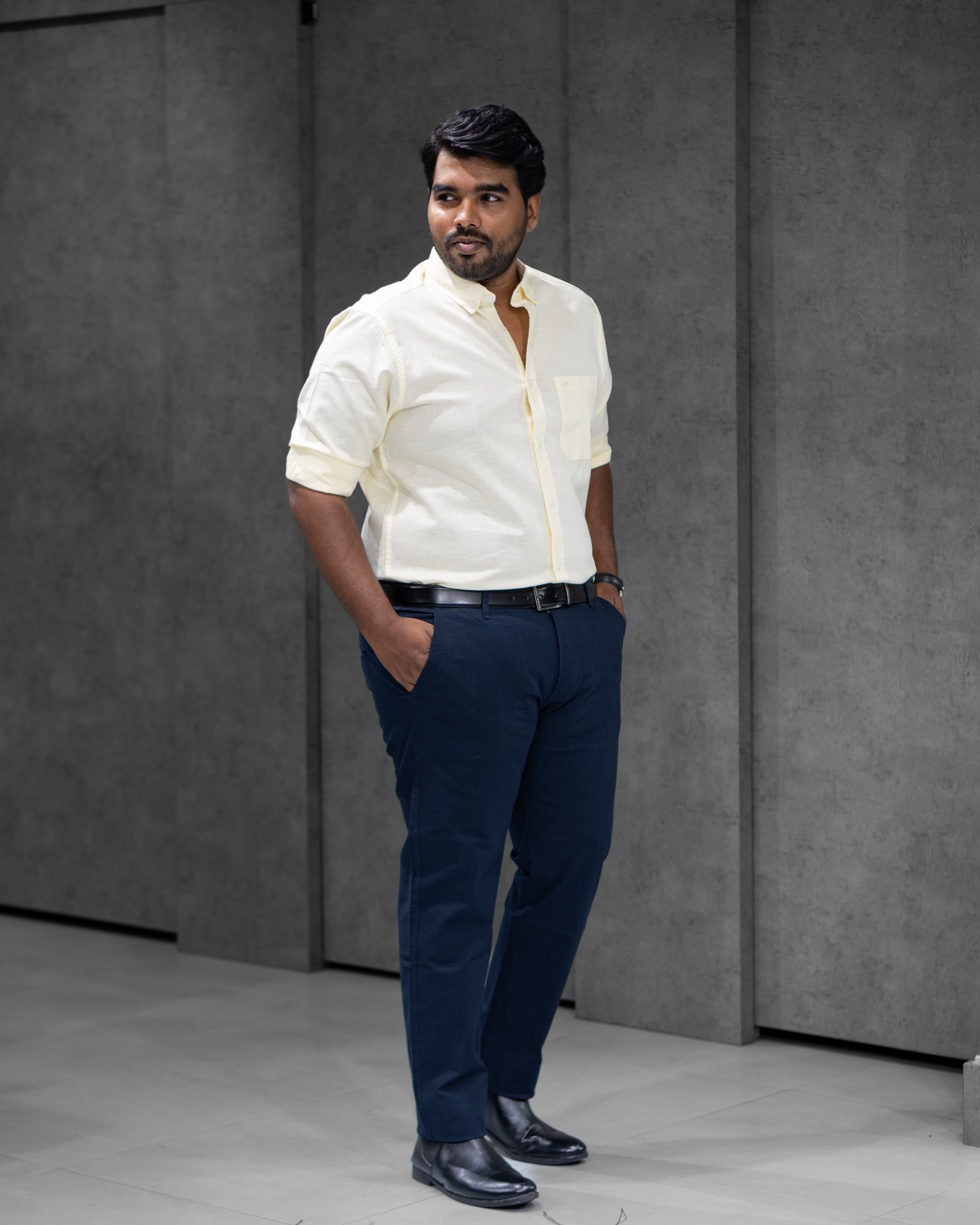 Menly Light Yellow Cotton Linen Shirt & Navy Blue Linen Pants Combo