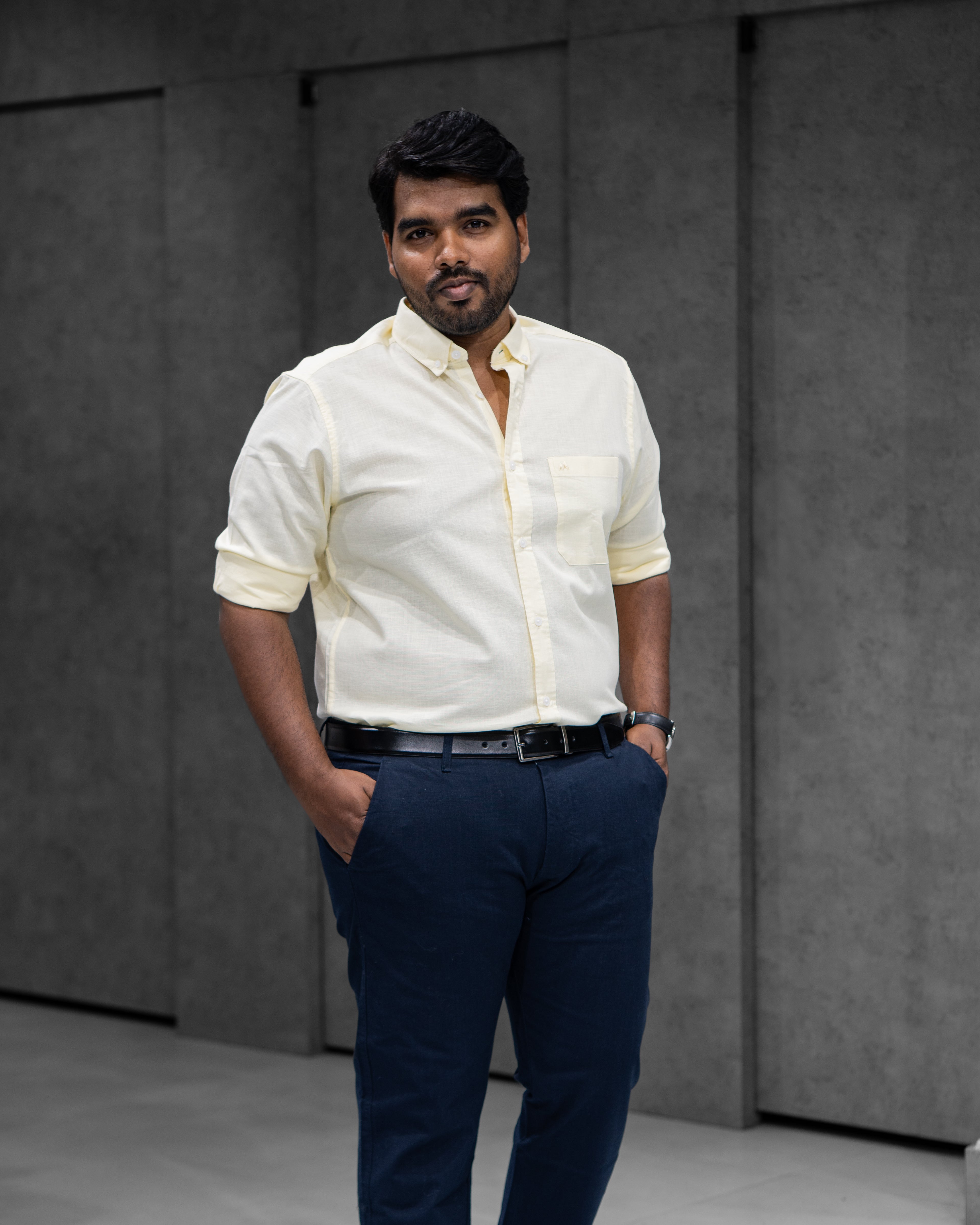 Menly Light Yellow Cotton Linen Shirt & Navy Blue Linen Pants Combo