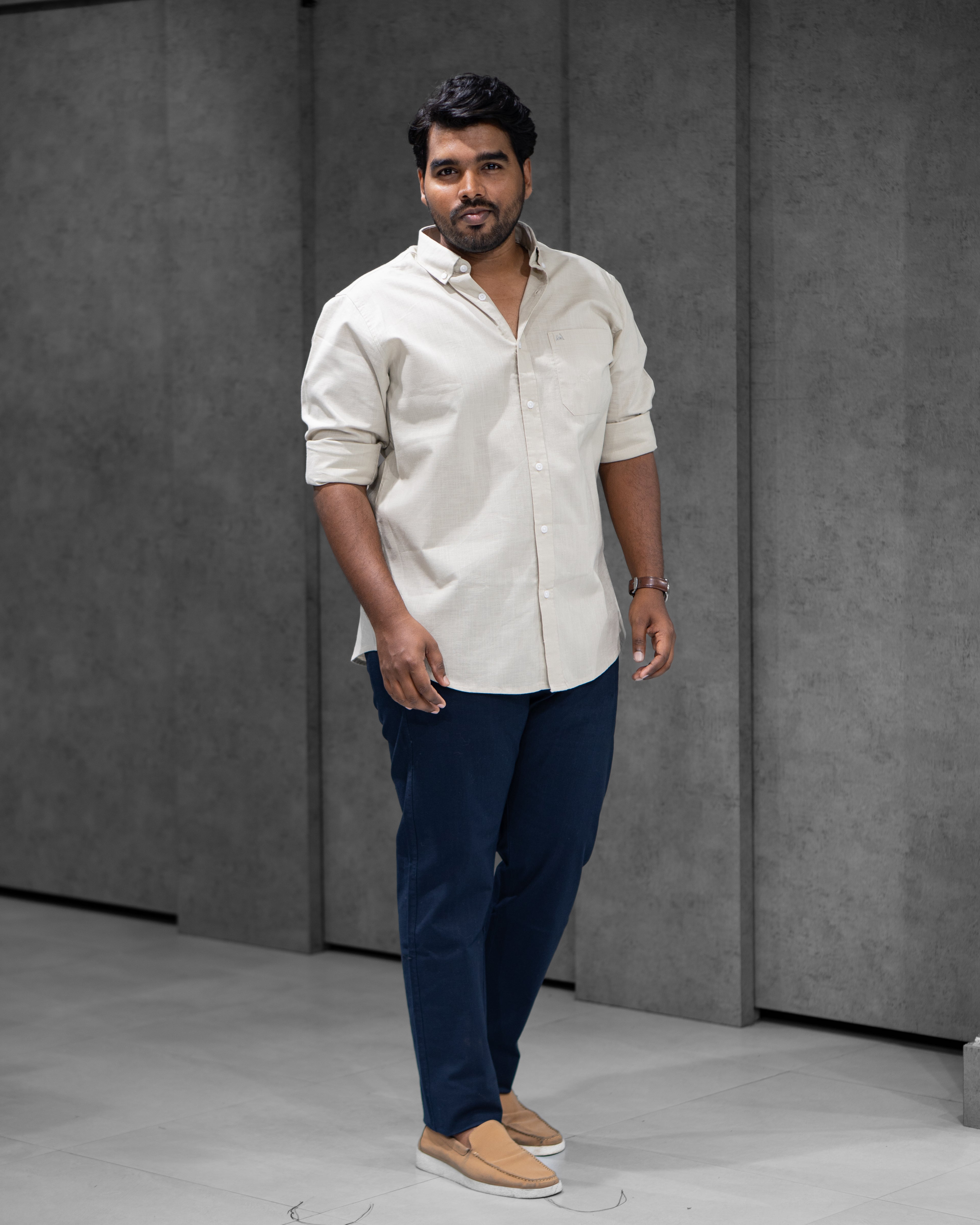 Menly Soft Ivory Cotton Linen Shirt & Navy Blue Linen Pants Combo
