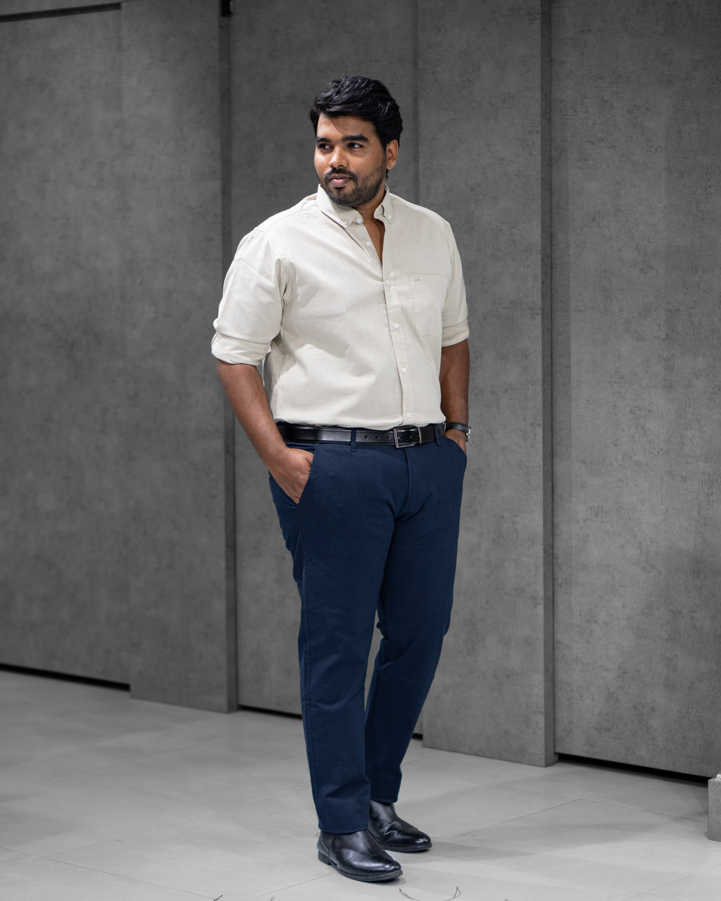 Menly Soft Ivory Cotton Linen Shirt & Navy Blue Linen Pants Combo - Menly Clothing