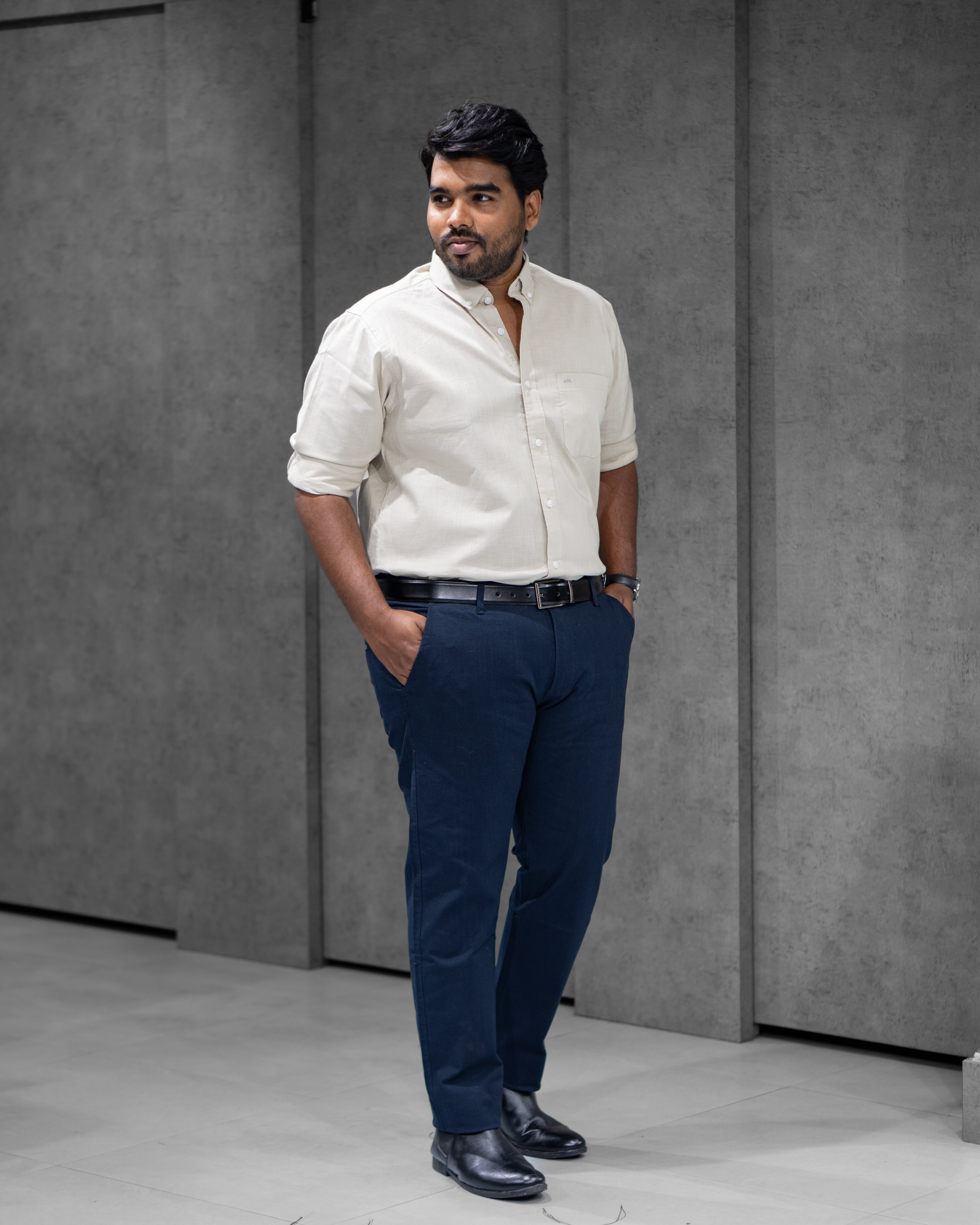 Menly Soft Ivory Cotton Linen Shirt & Navy Blue Linen Pants Combo