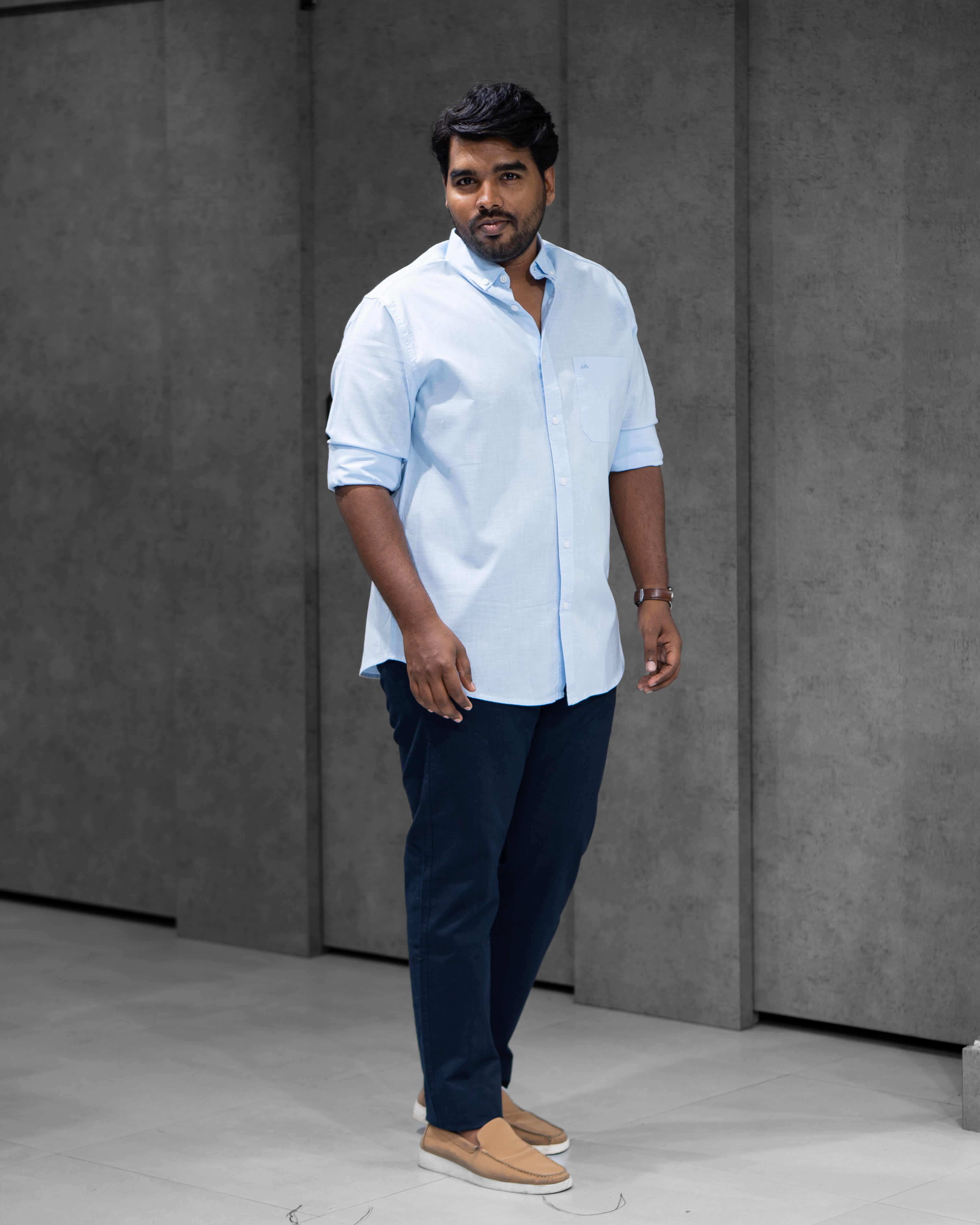 Menly Sky Blue Cotton Linen Shirt & Navy Blue Linen Pants Combo