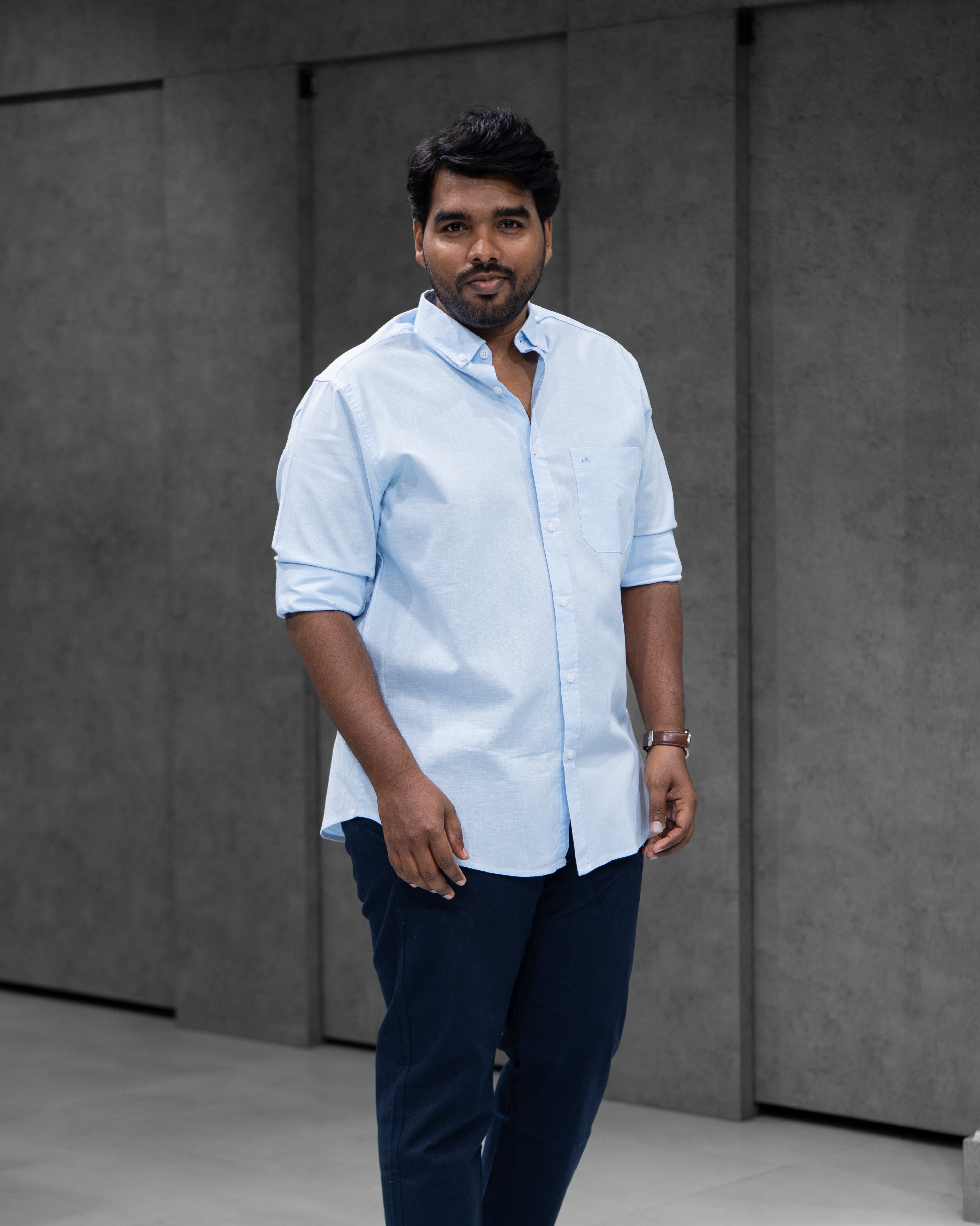 Menly Sky Blue Cotton Linen Shirt & Navy Blue Linen Pants Combo