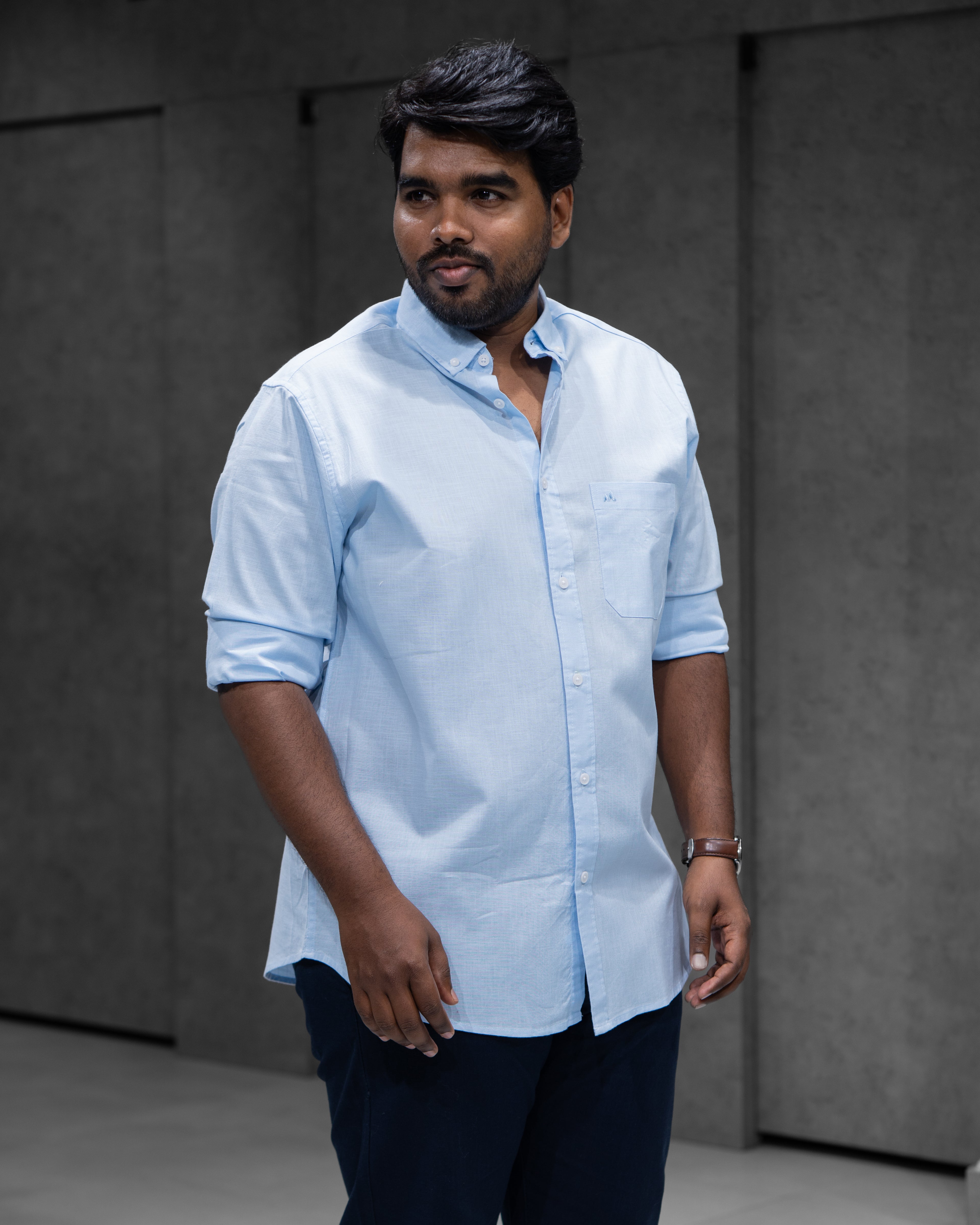 Menly Sky Blue Cotton Linen Shirt & Navy Blue Linen Pants Combo