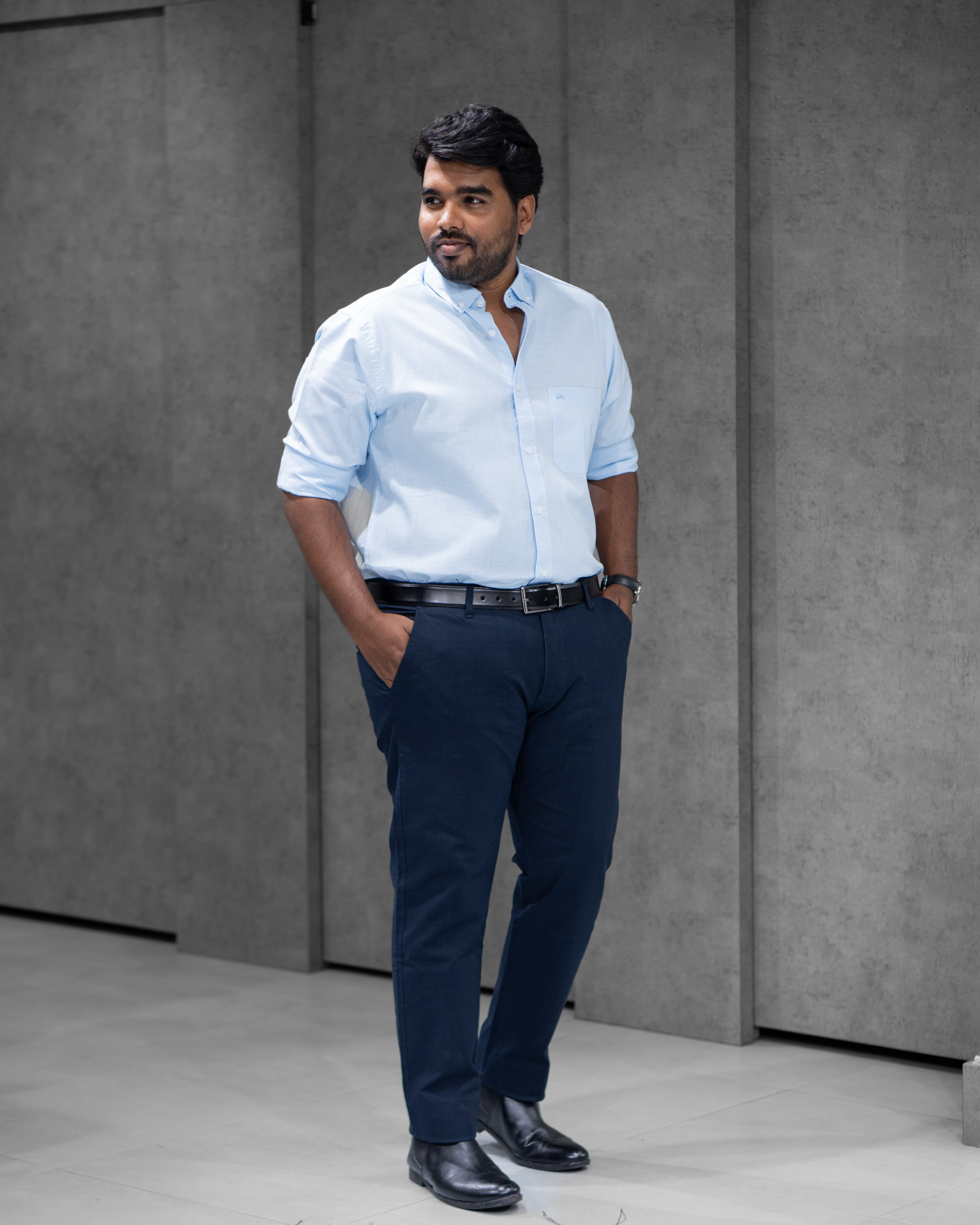 Menly Sky Blue Cotton Linen Shirt & Navy Blue Linen Pants Combo