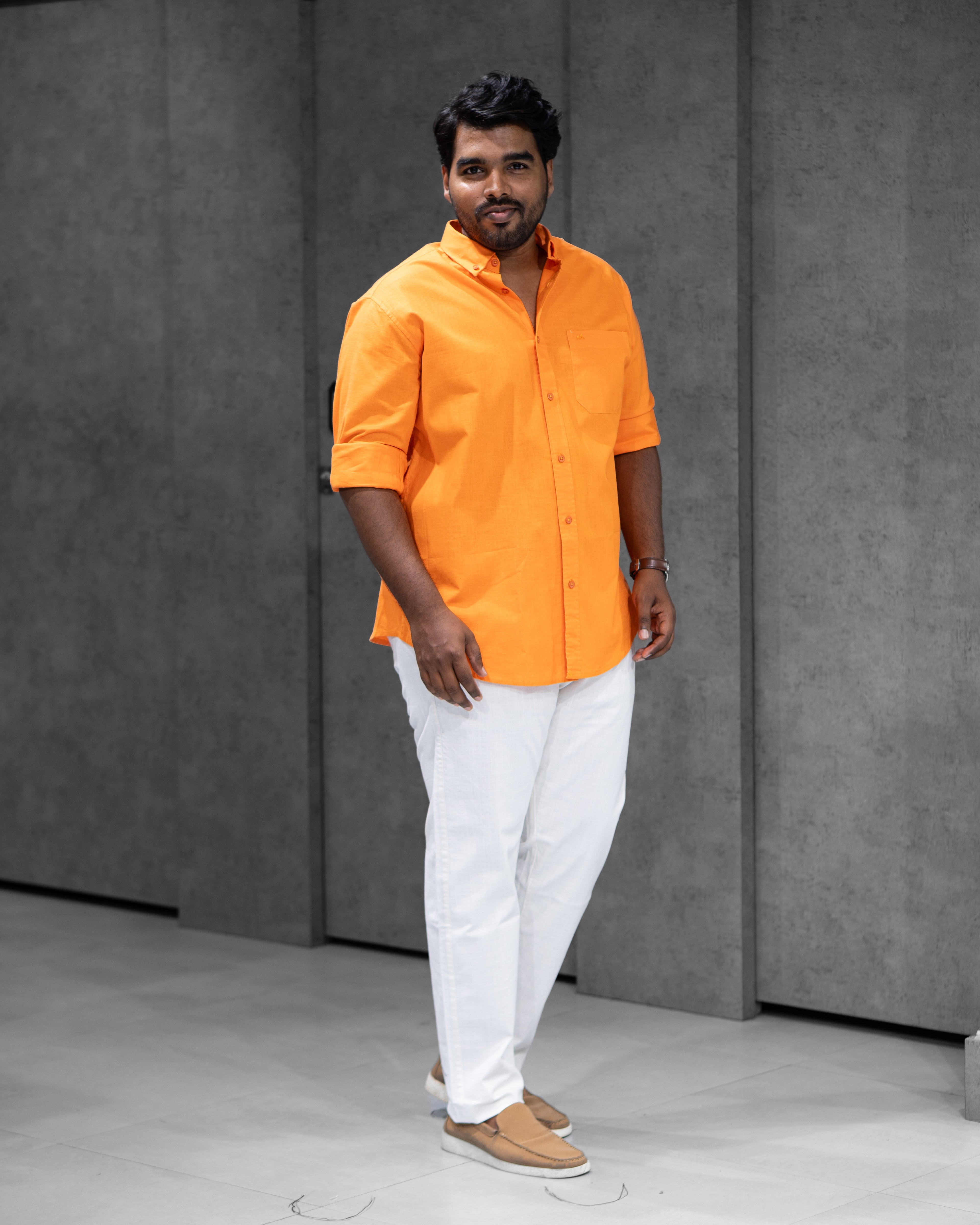 Menly Bright Orange Cotton Linen Shirt & White Linen Pant Combo