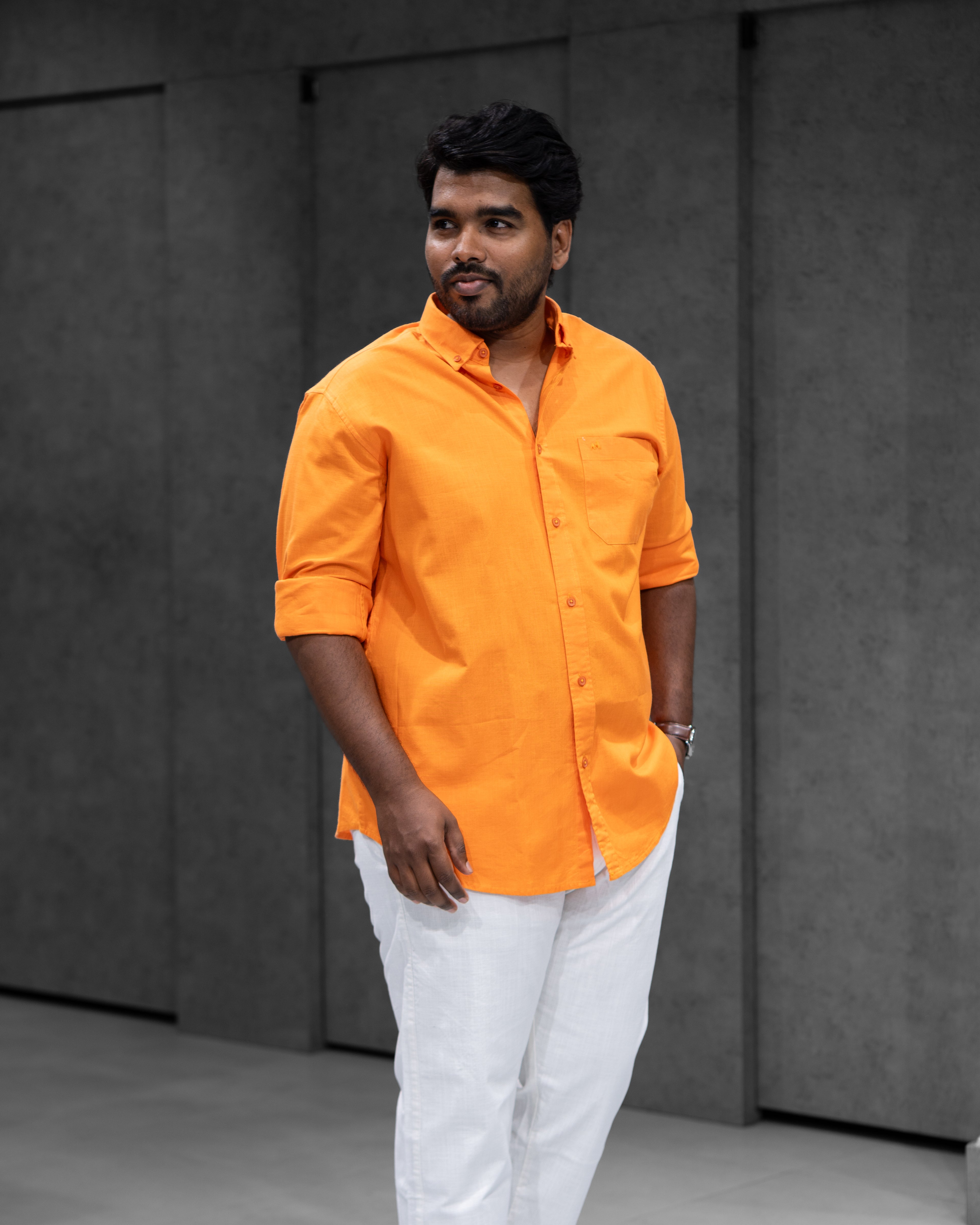 Menly Bright Orange Cotton Linen Shirt & White Linen Pant Combo