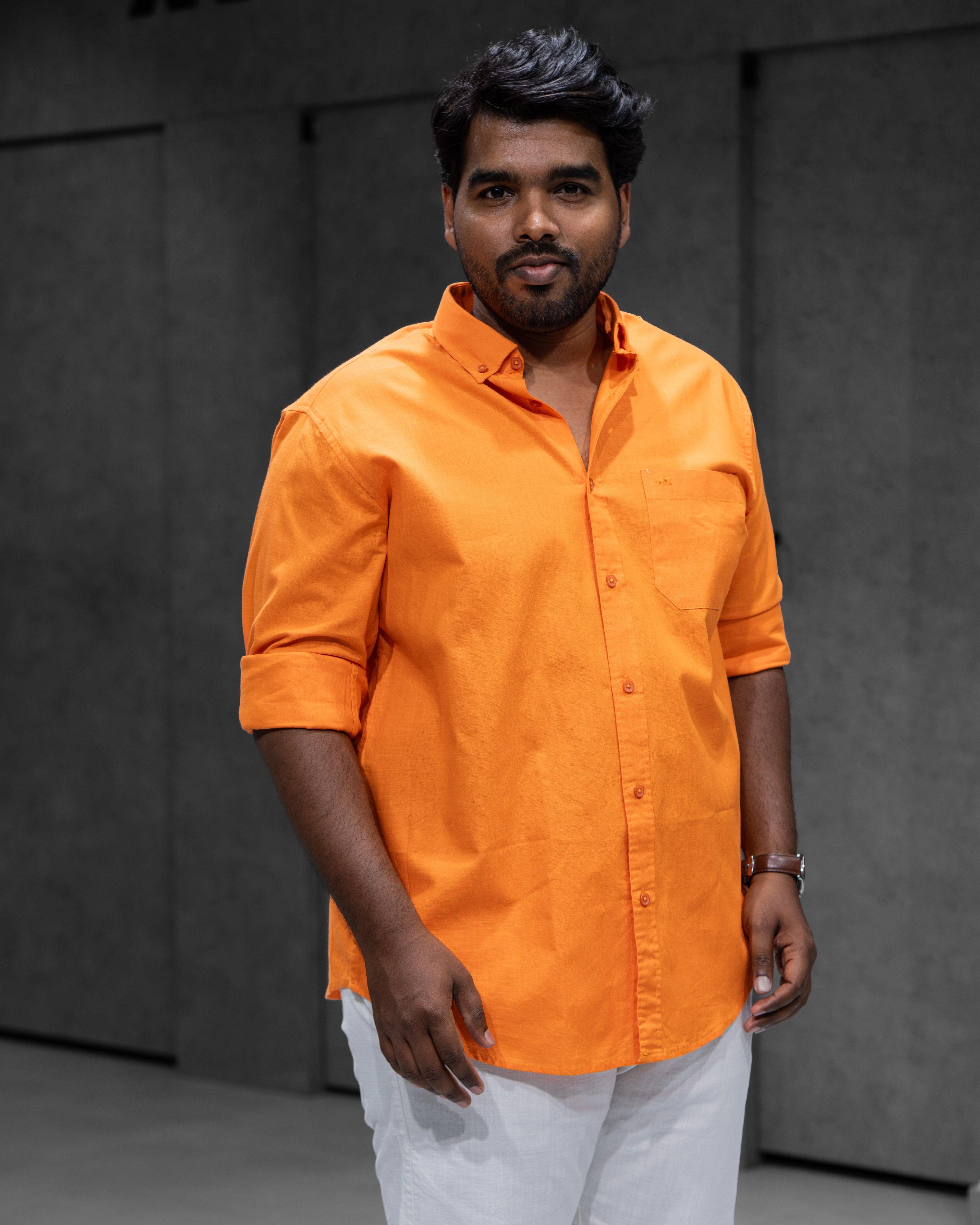 Menly Bright Orange Cotton Linen Shirt & White Linen Pant Combo