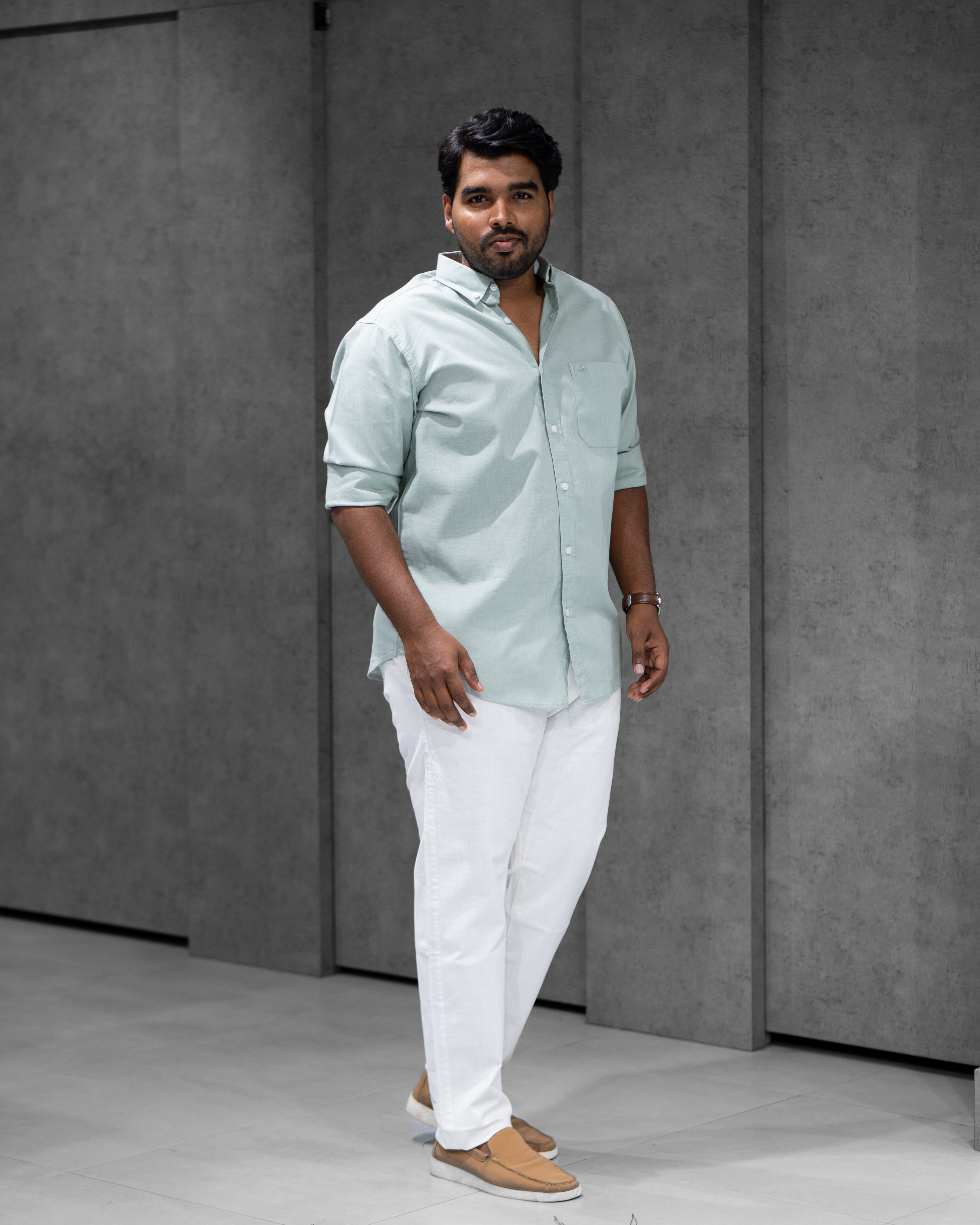 Menly Powder Green Cotton Linen Shirt & White Linen Pants Combo