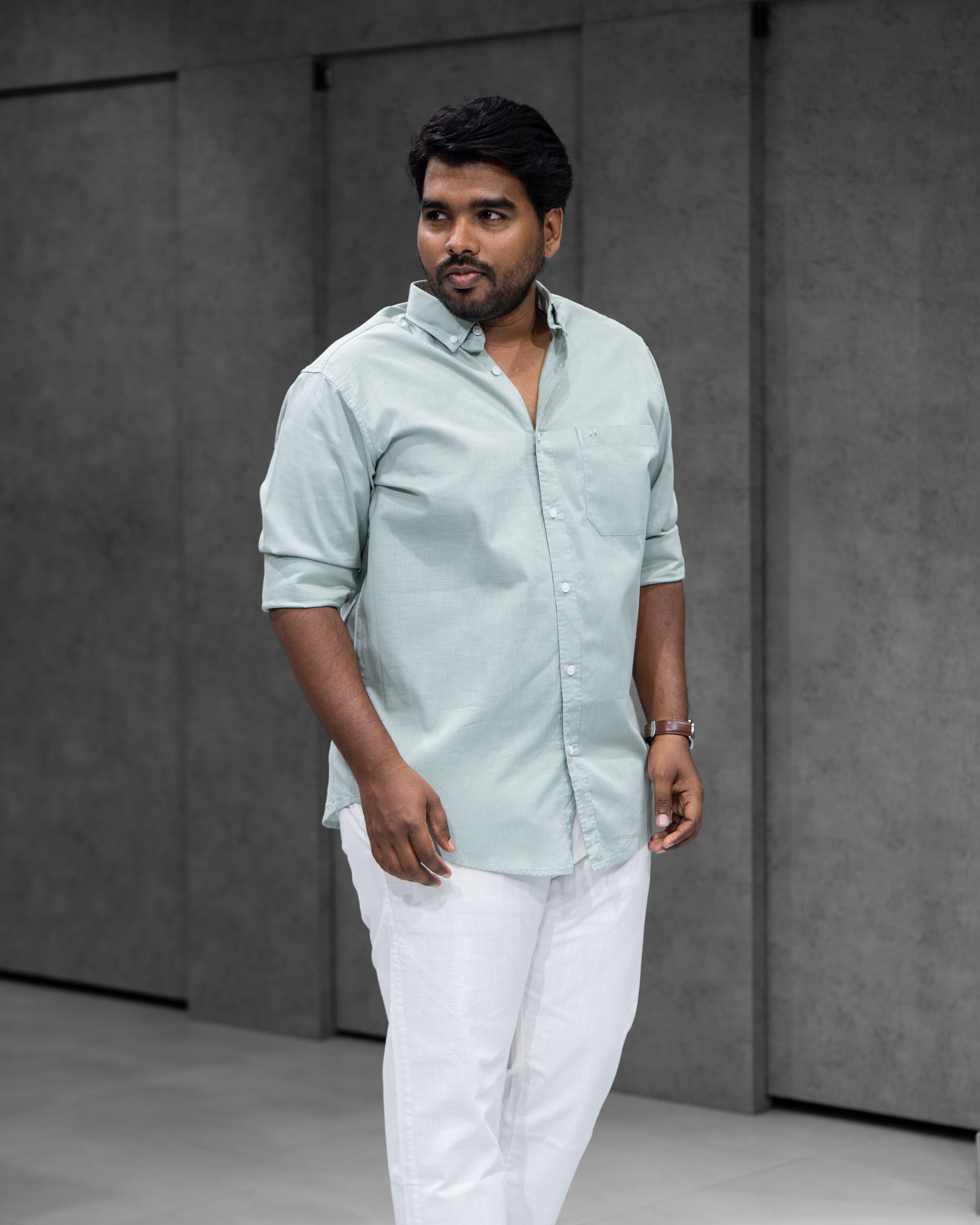 Menly Powder Green Cotton Linen Shirt & White Linen Pants Combo
