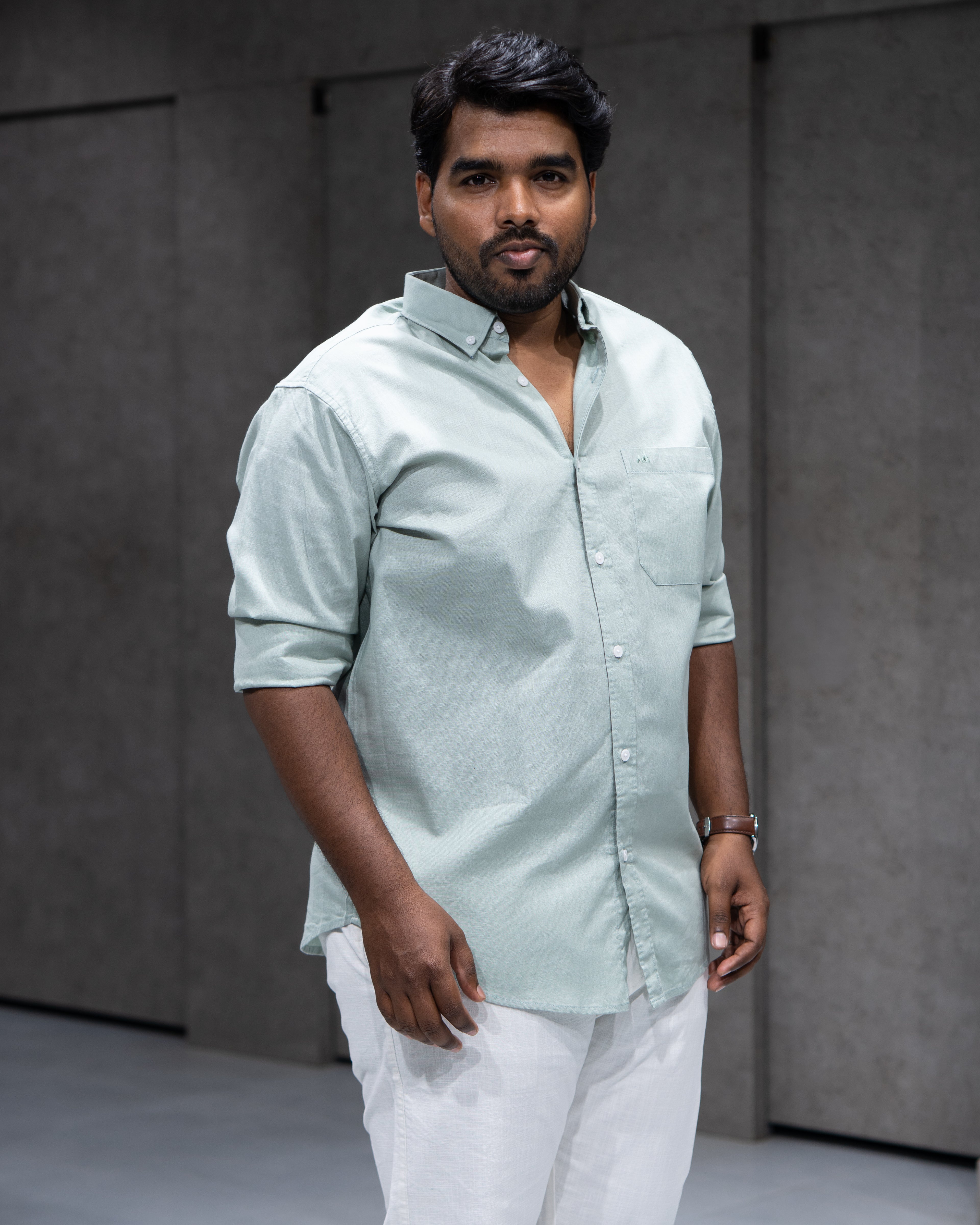 Menly Powder Green Cotton Linen Shirt & White Linen Pants Combo