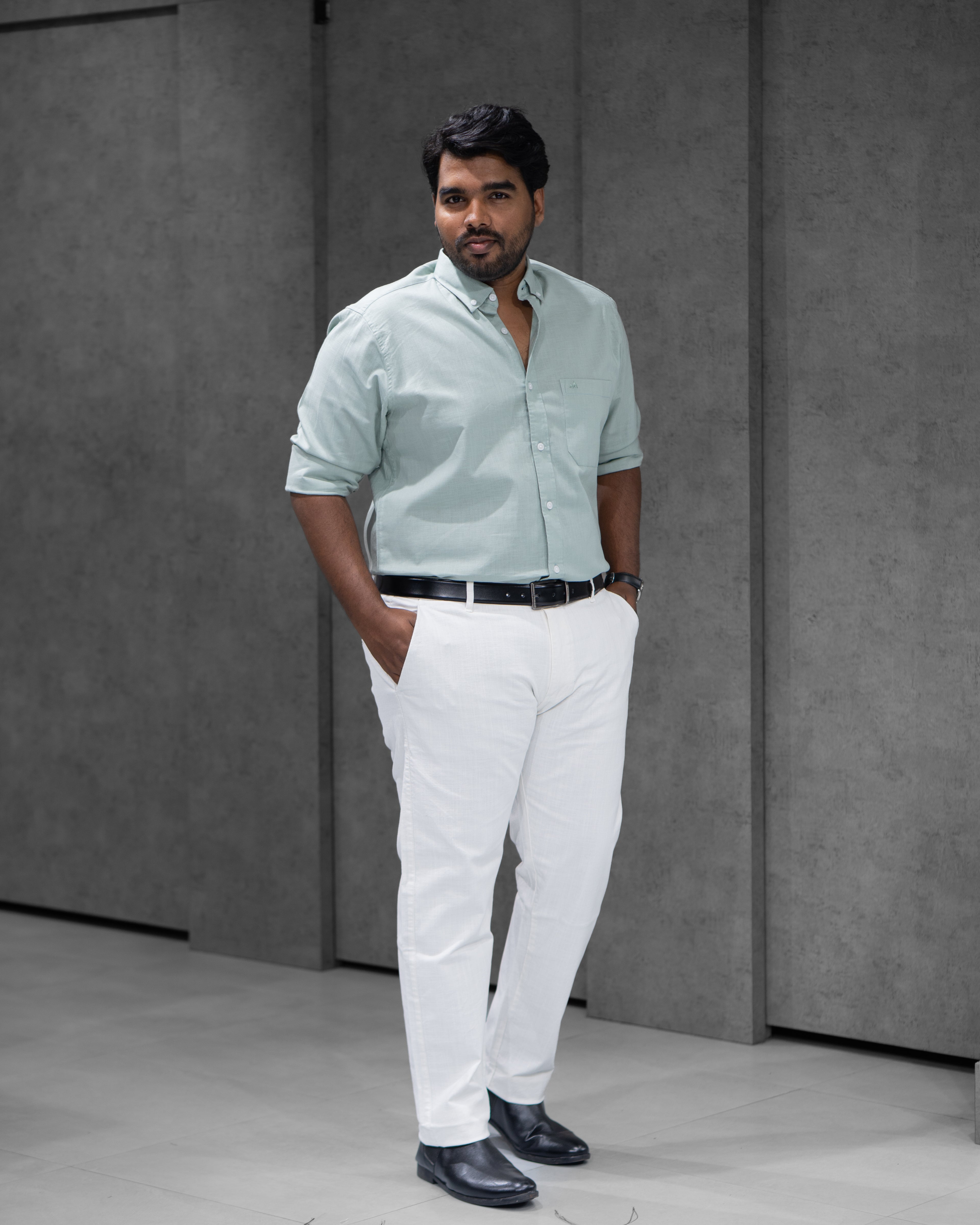 Menly Powder Green Cotton Linen Shirt & White Linen Pants Combo