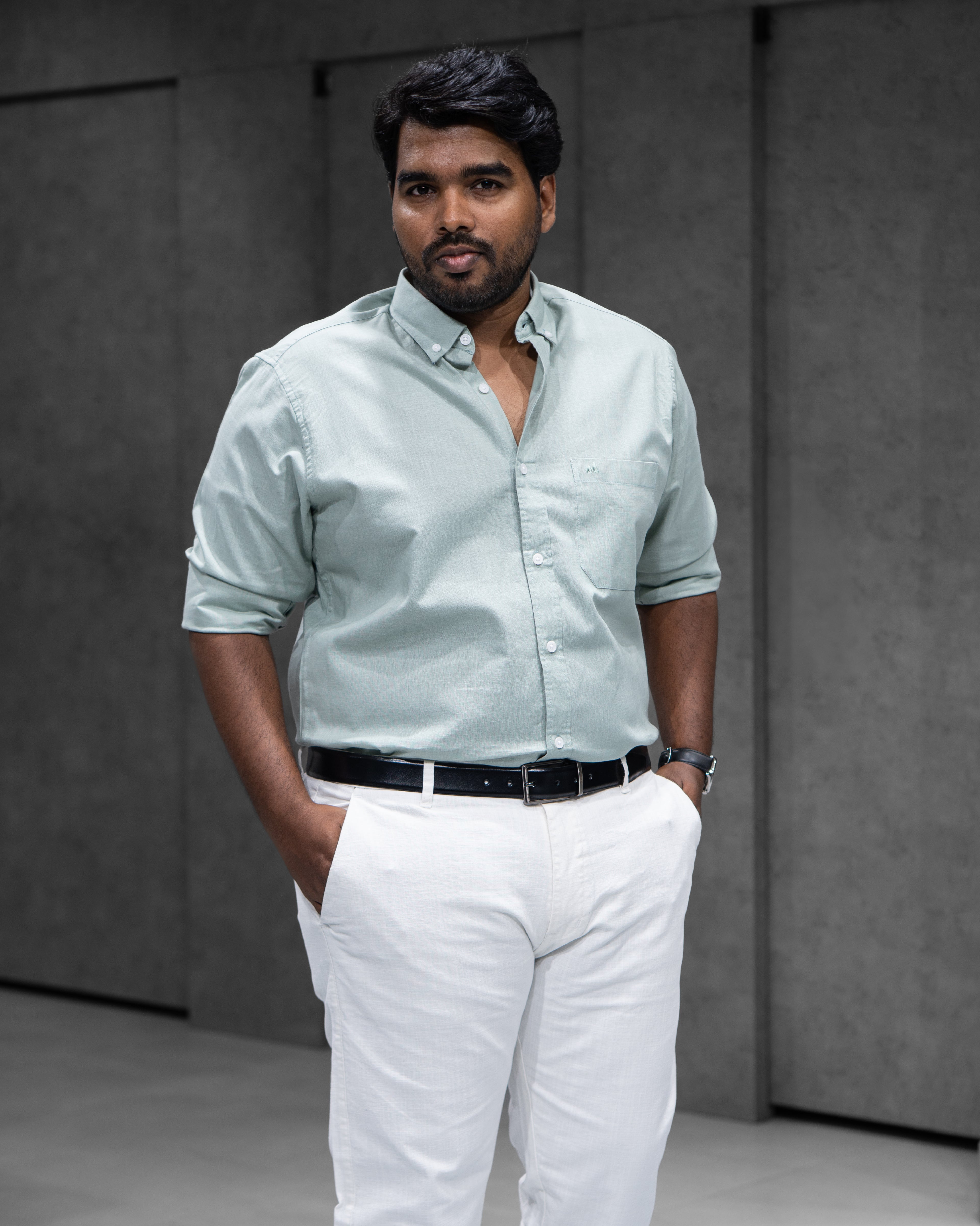 Menly Powder Green Cotton Linen Shirt & White Linen Pants Combo