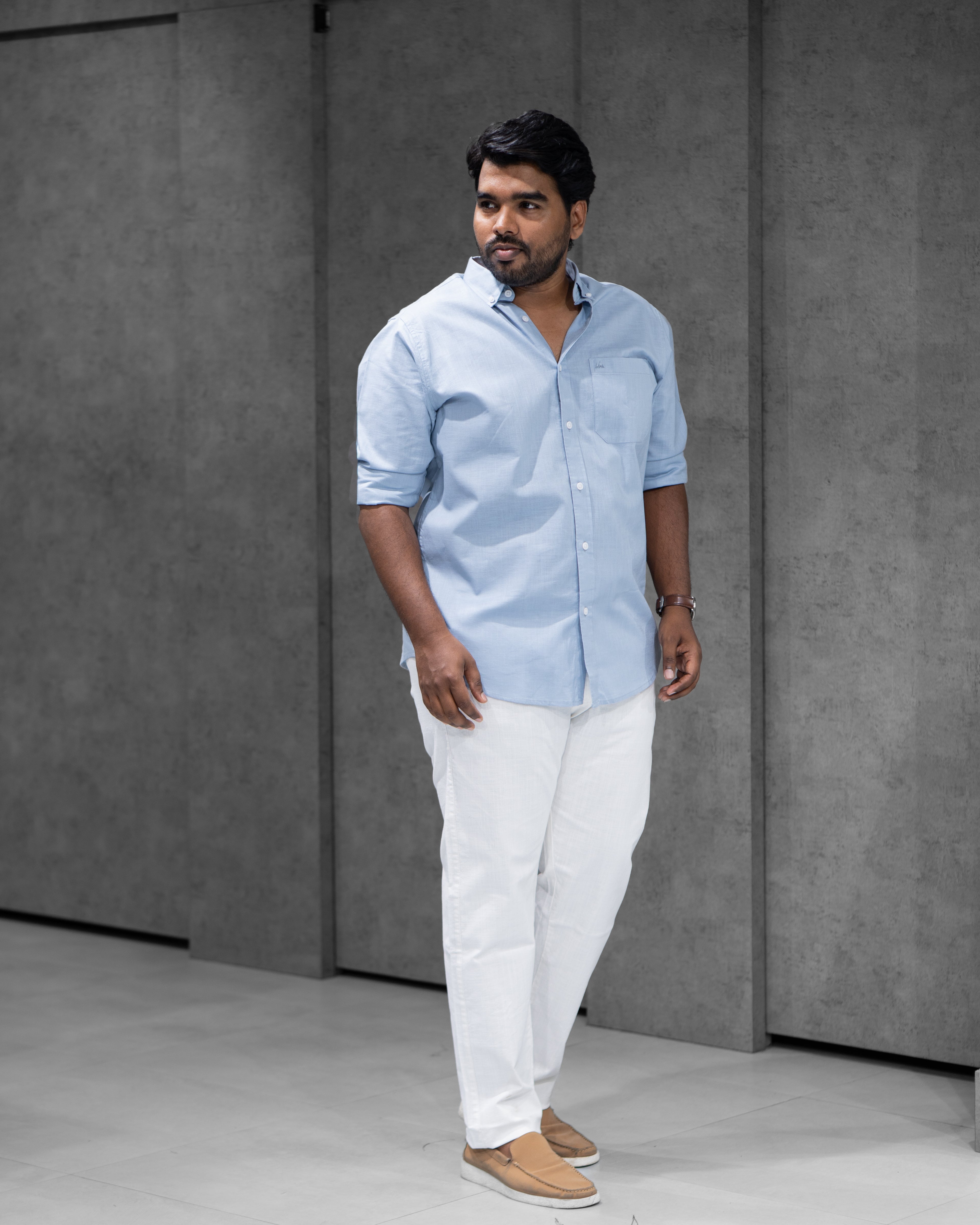 Menly Blue Cotton Linen Shirt & White Linen Pants Combo