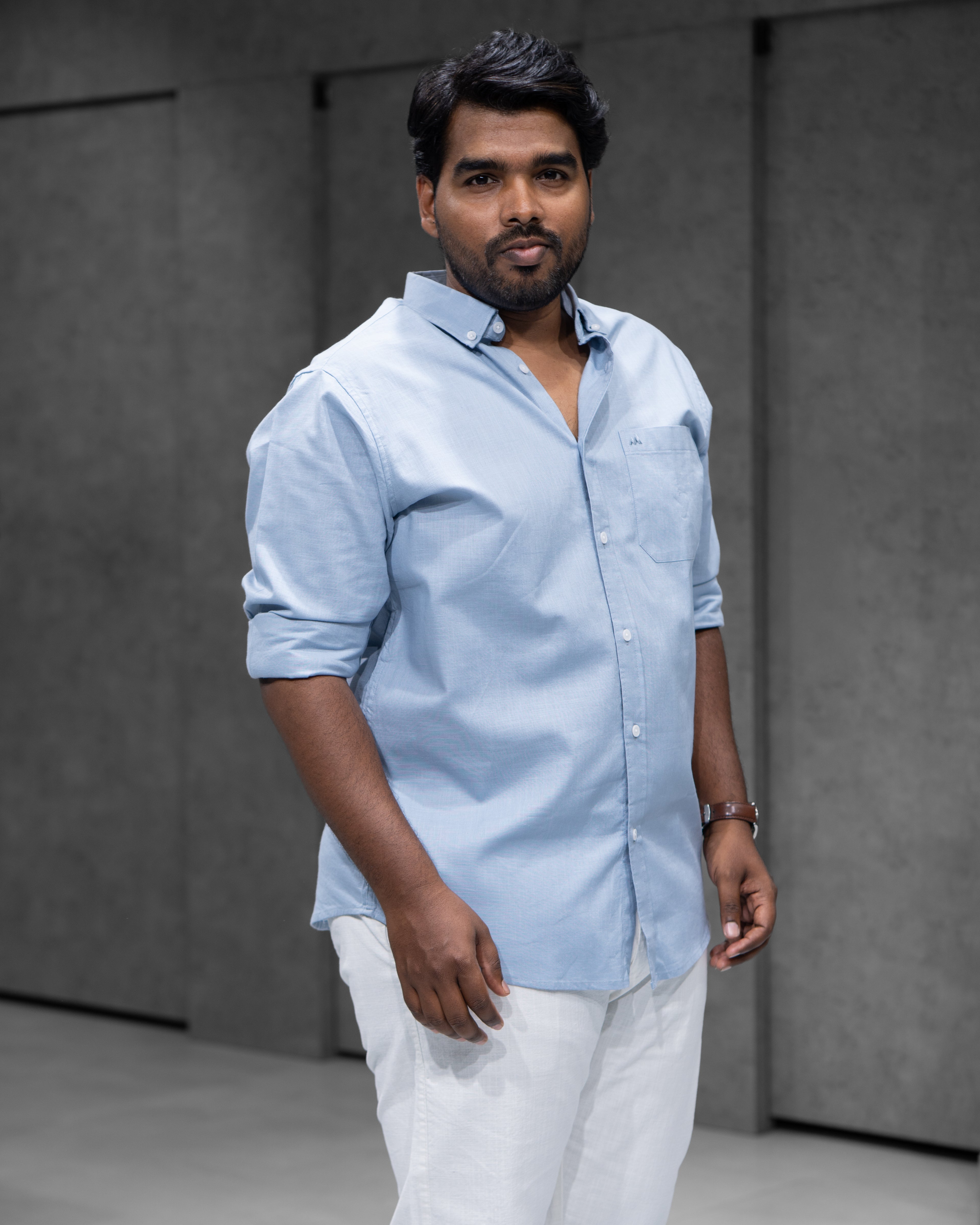 Menly Blue Cotton Linen Shirt & White Linen Pants Combo