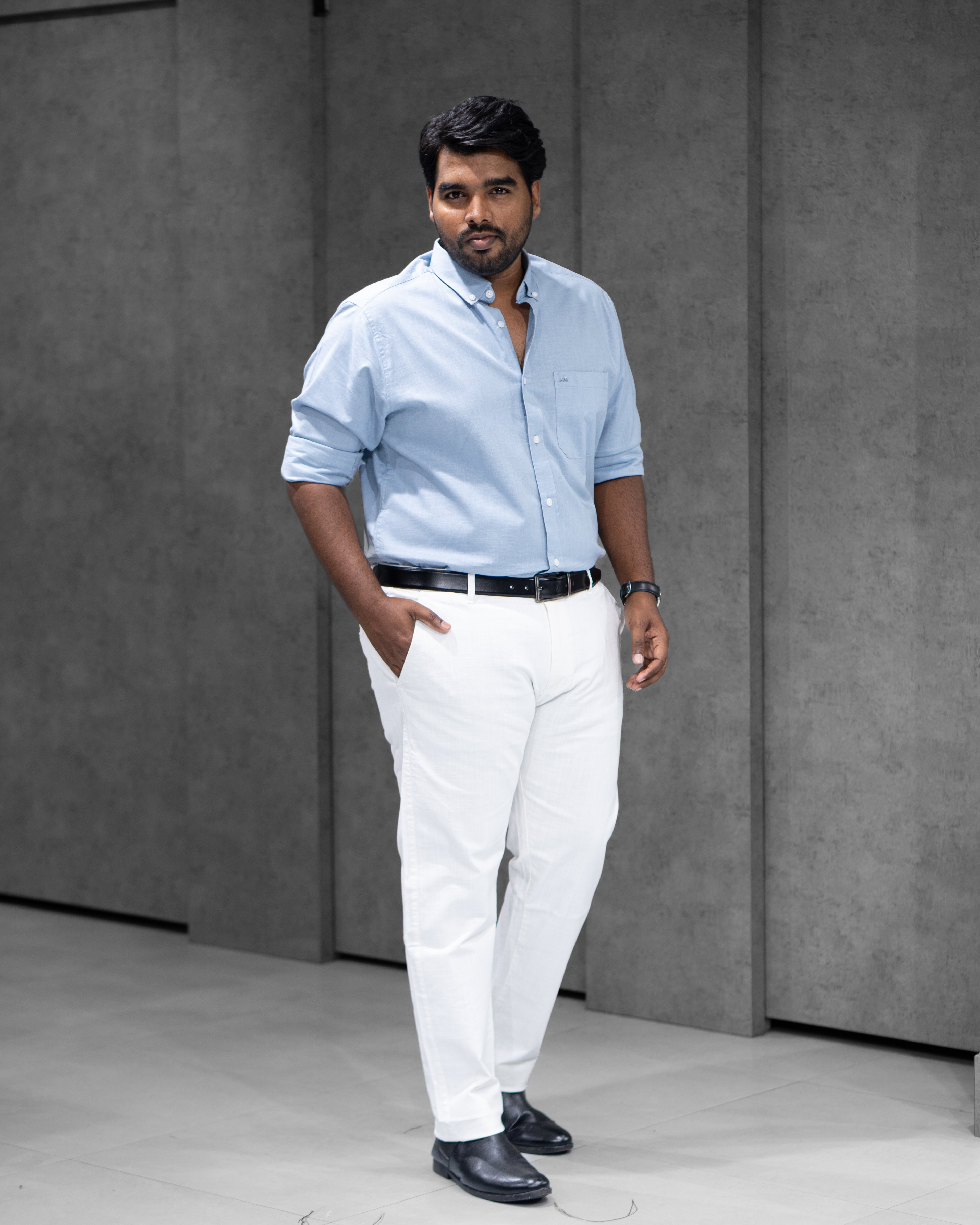 Menly Blue Cotton Linen Shirt & White Linen Pants Combo