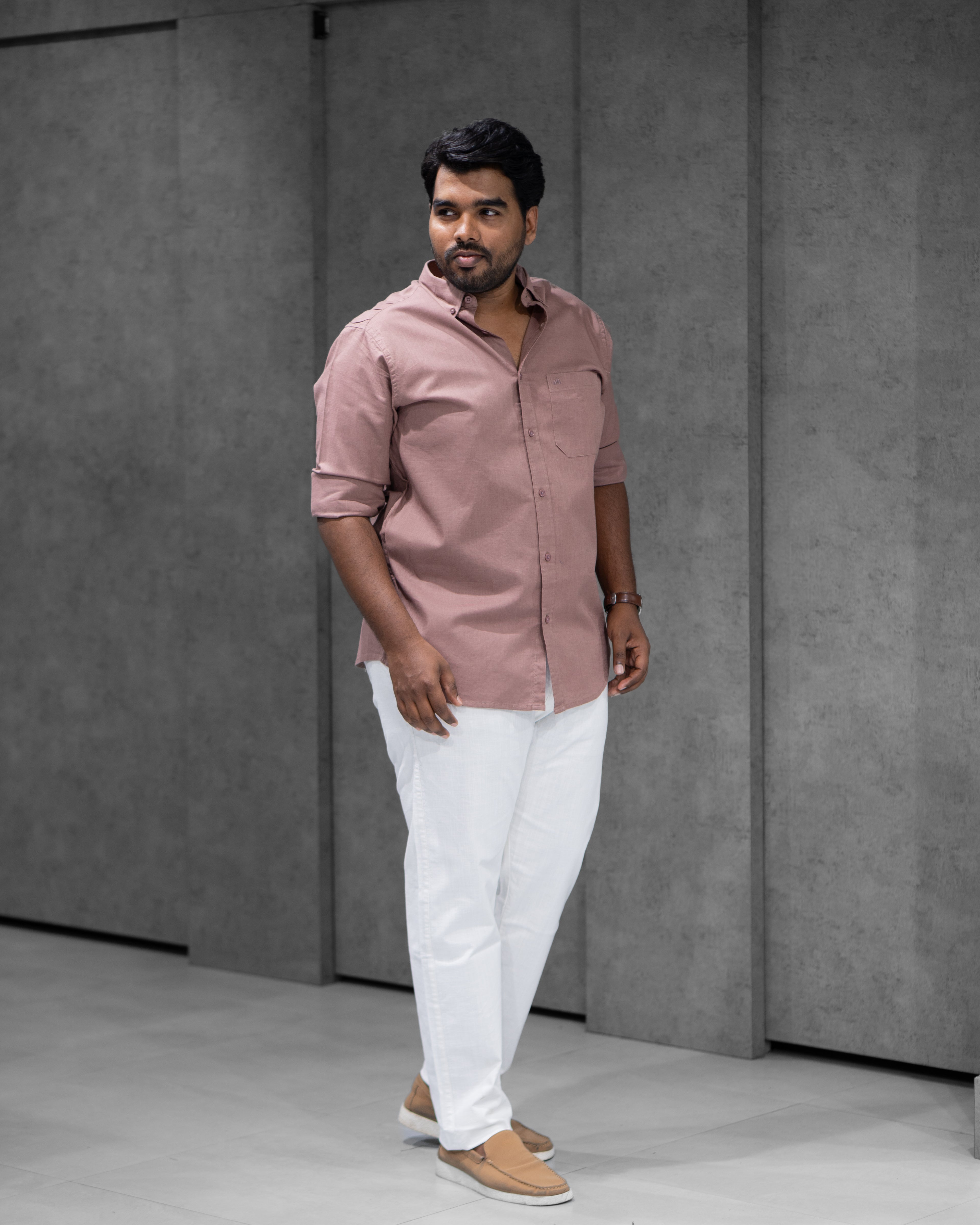 Menly Cocoa Brown Cotton Linen Shirt & White Linen Pants Combo