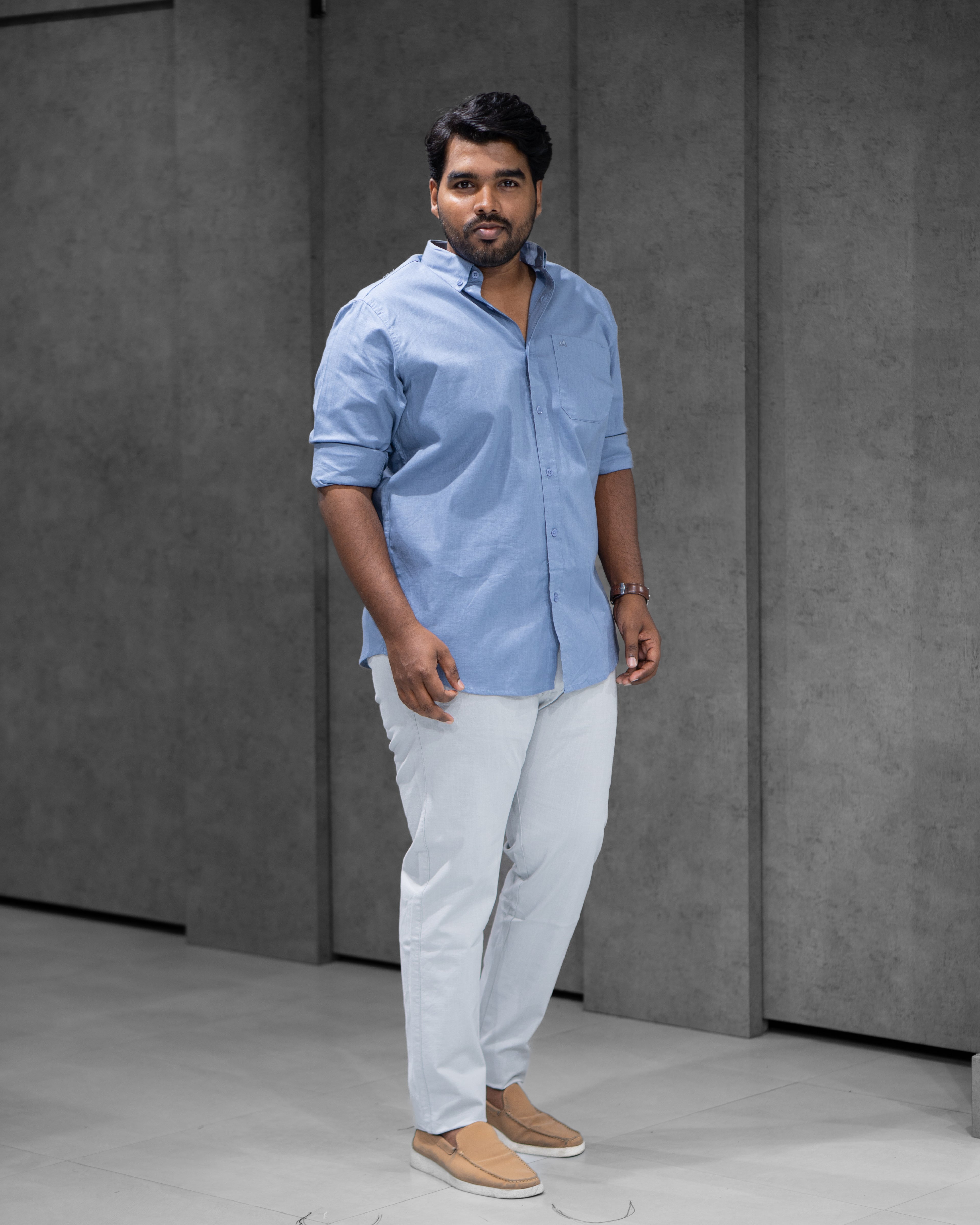 Menly Pale Blue Cotton Linen Shirt & Ice Grey Linen Pants Combo