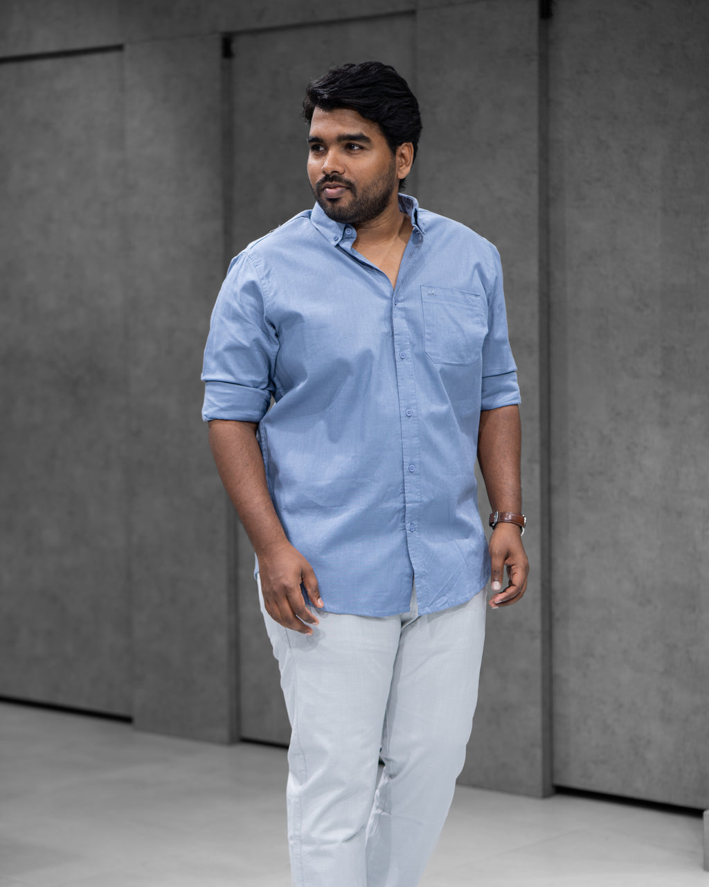 Menly Pale Blue Cotton Linen Shirt & Ice Grey Linen Pants Combo