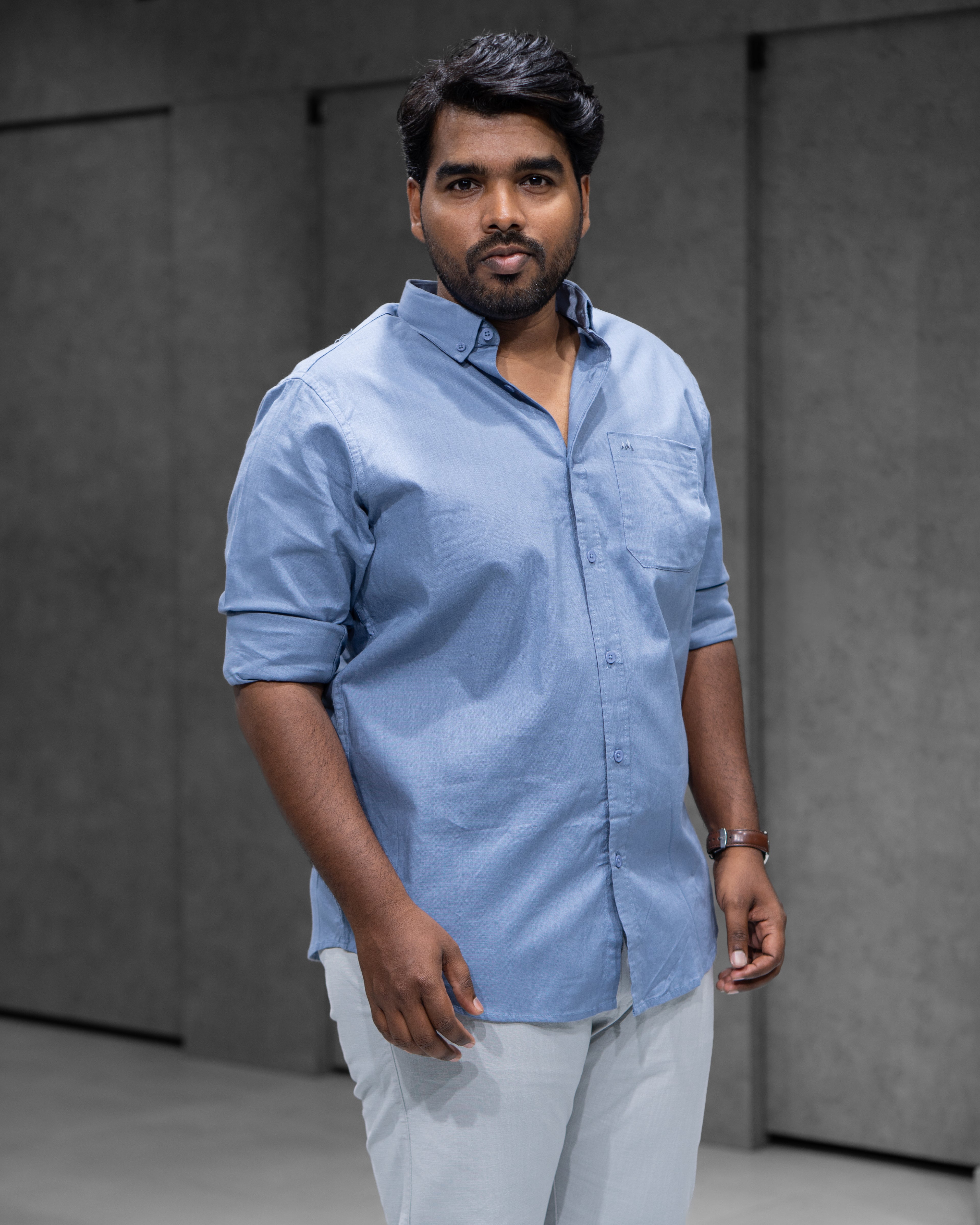Menly Pale Blue Cotton Linen Shirt & Ice Grey Linen Pants Combo