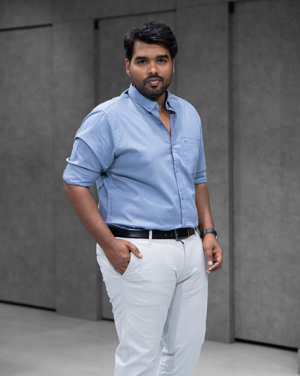 Menly Pale Blue Cotton Linen Shirt & Ice Grey Linen Pants Combo