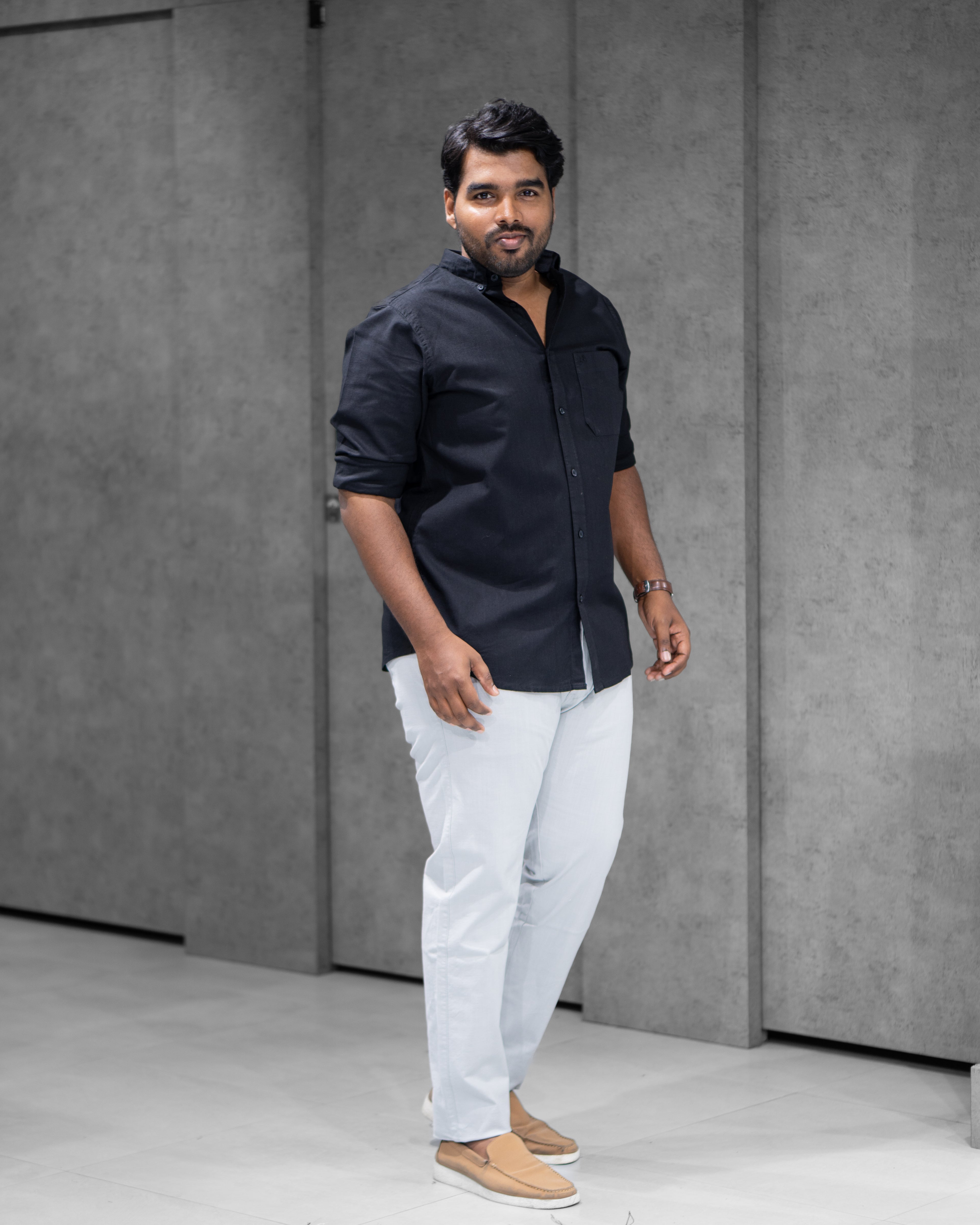 Menly Black Cotton Linen Shirt & Ice Grey Linen Pants Combo