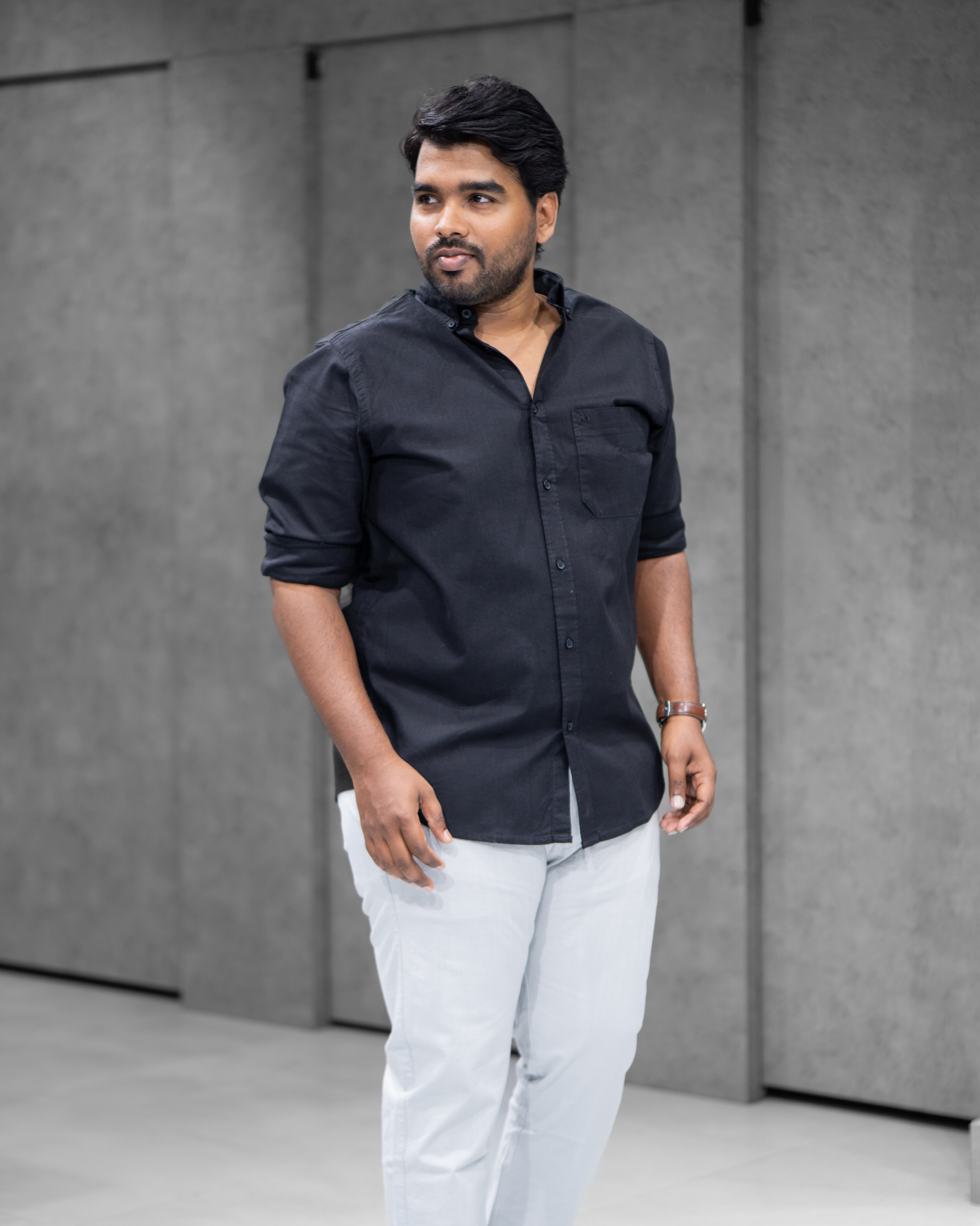 Menly Black Cotton Linen Shirt & Ice Grey Linen Pants Combo