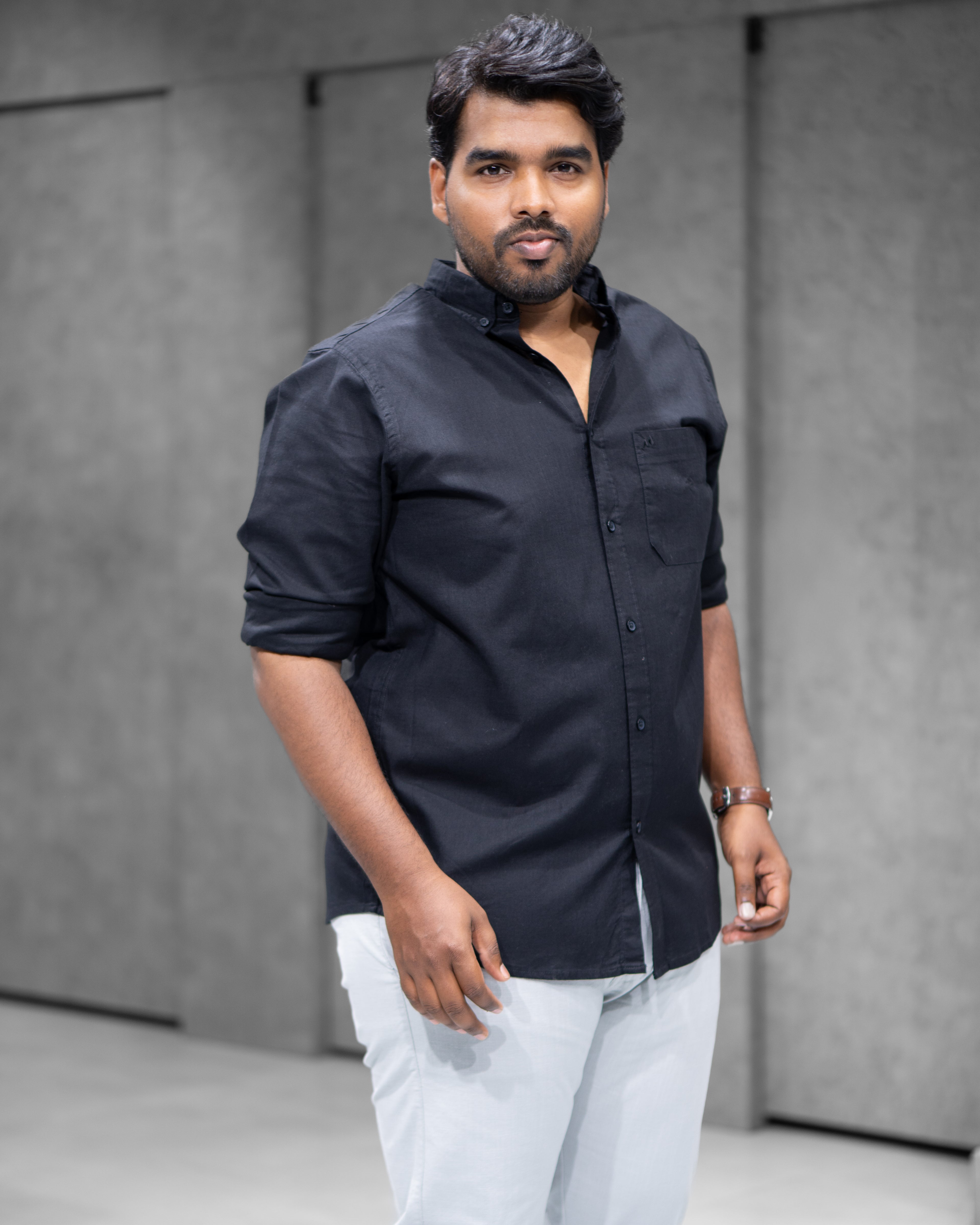 Menly Black Cotton Linen Shirt & Ice Grey Linen Pants Combo