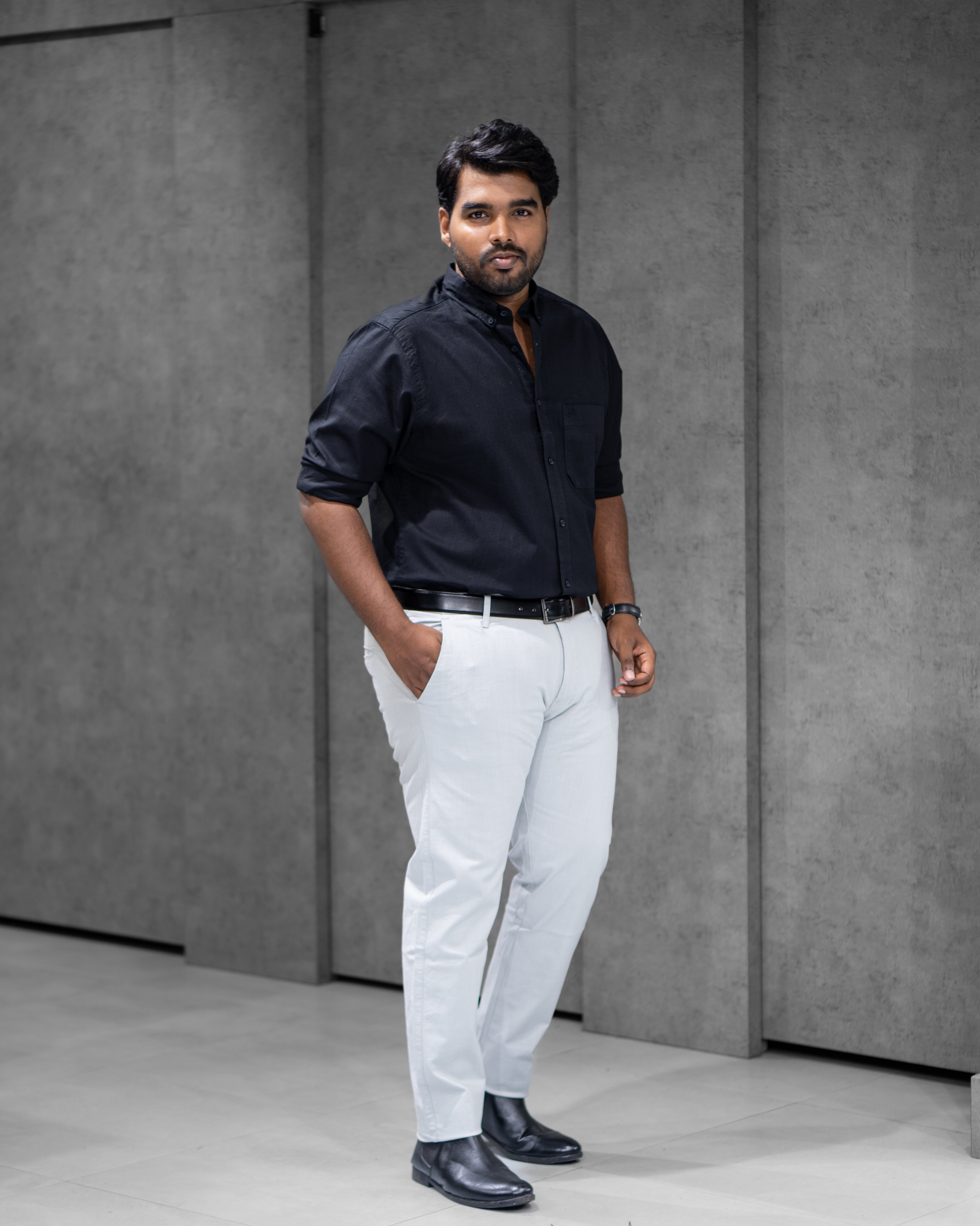 Menly Black Cotton Linen Shirt & Ice Grey Linen Pants Combo