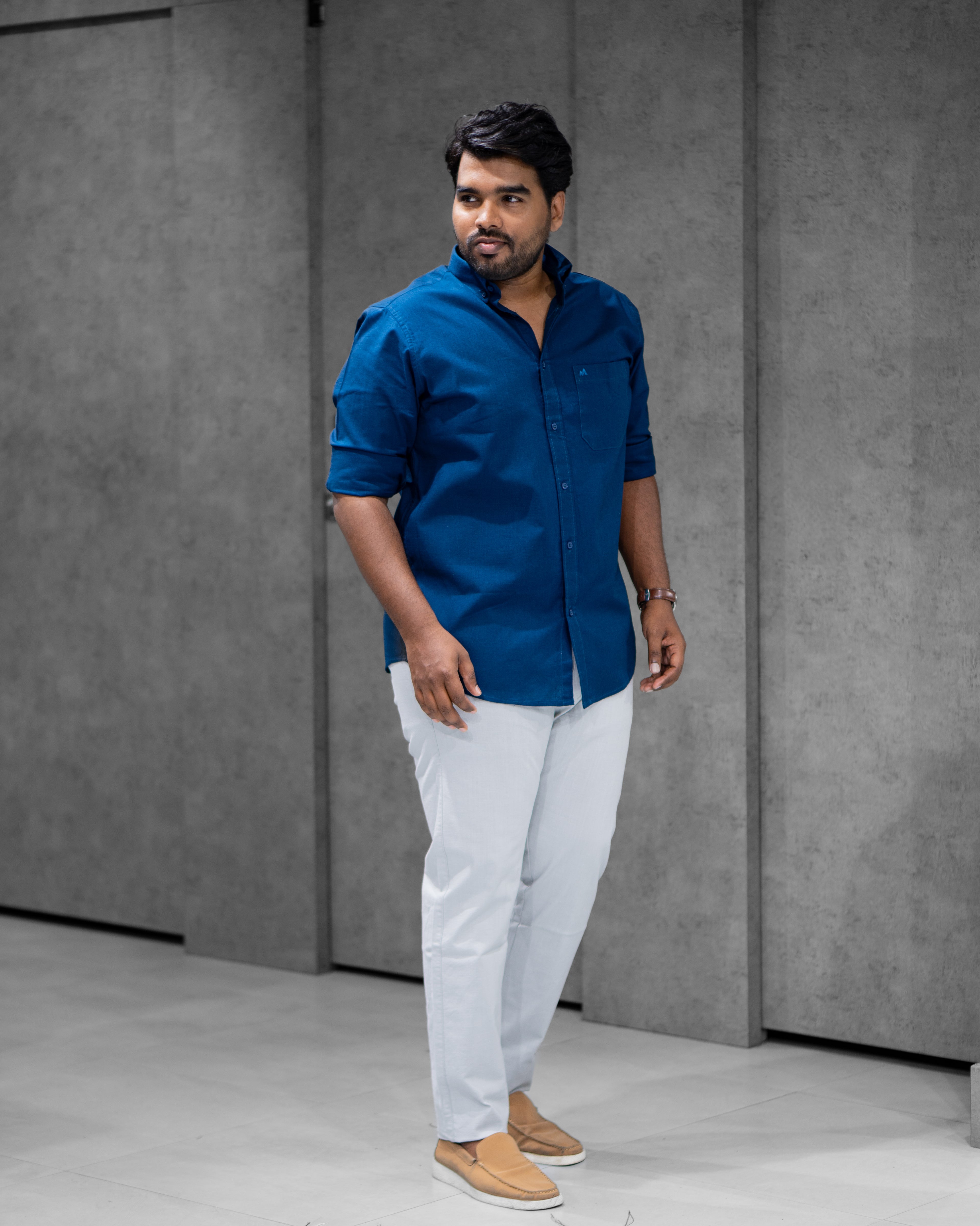 Menly Peacock Blue Cotton Linen Shirt & Ice Grey Linen Pants Combo