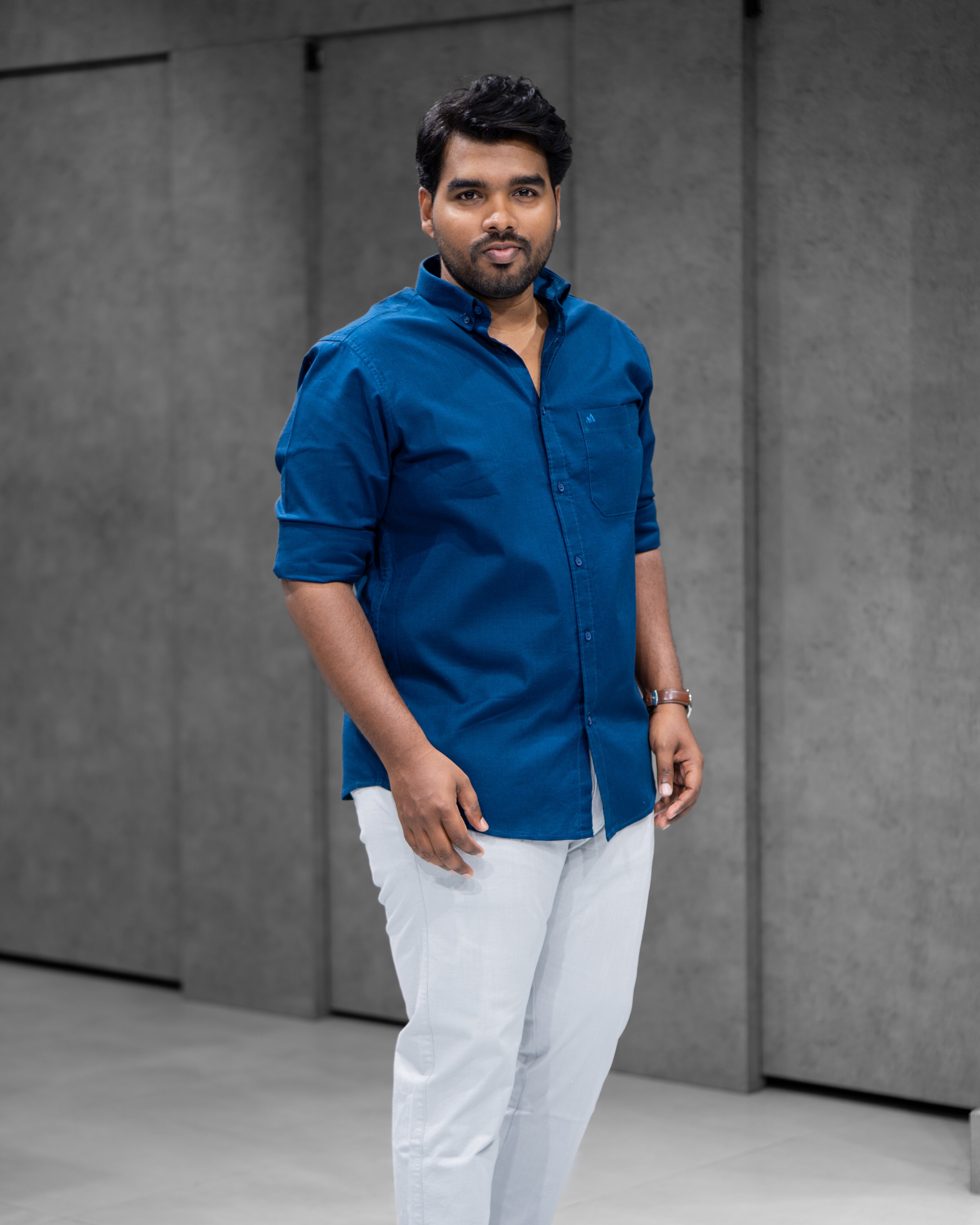 Menly Peacock Blue Cotton Linen Shirt & Ice Grey Linen Pants Combo