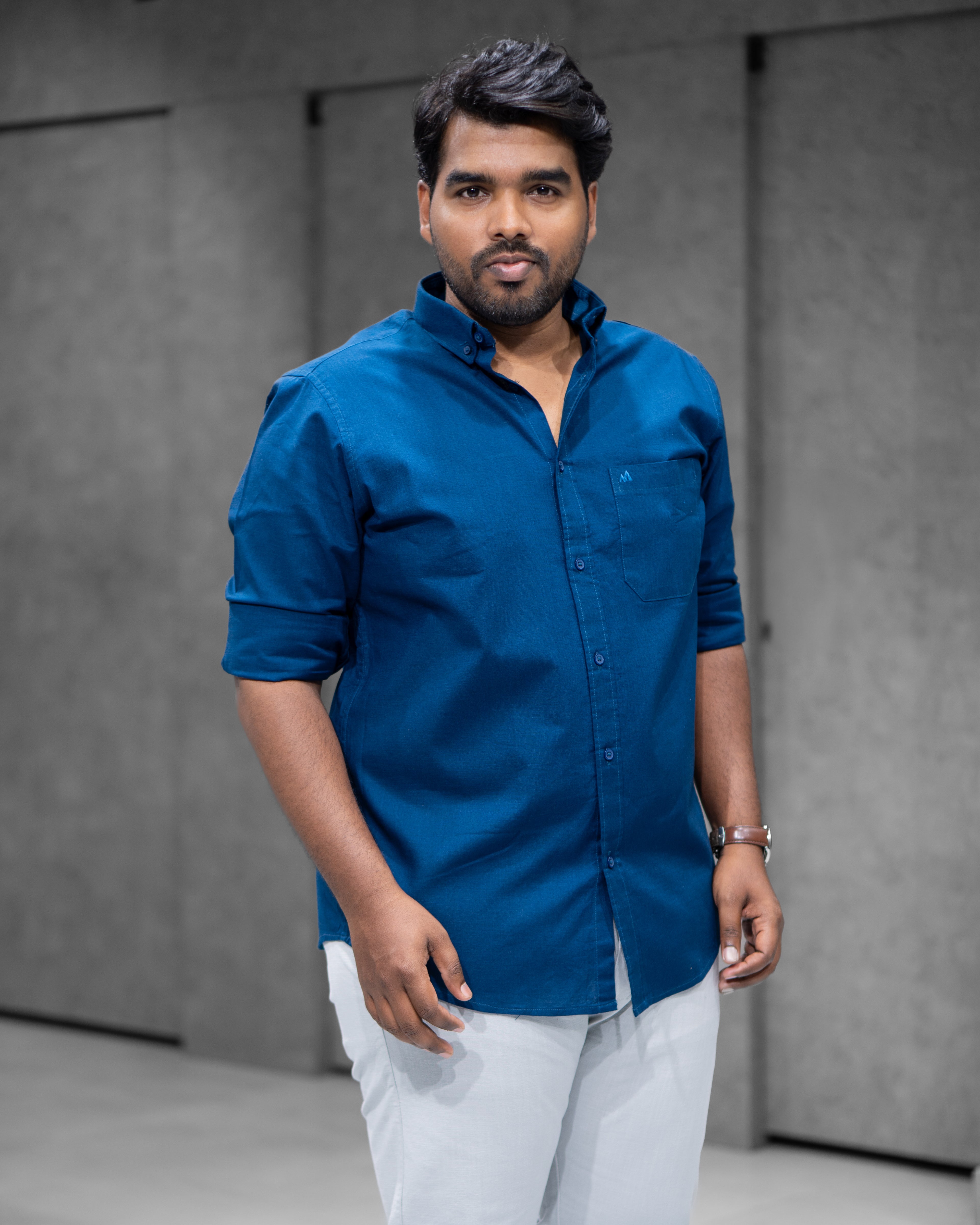 Menly Peacock Blue Cotton Linen Shirt & Ice Grey Linen Pants Combo