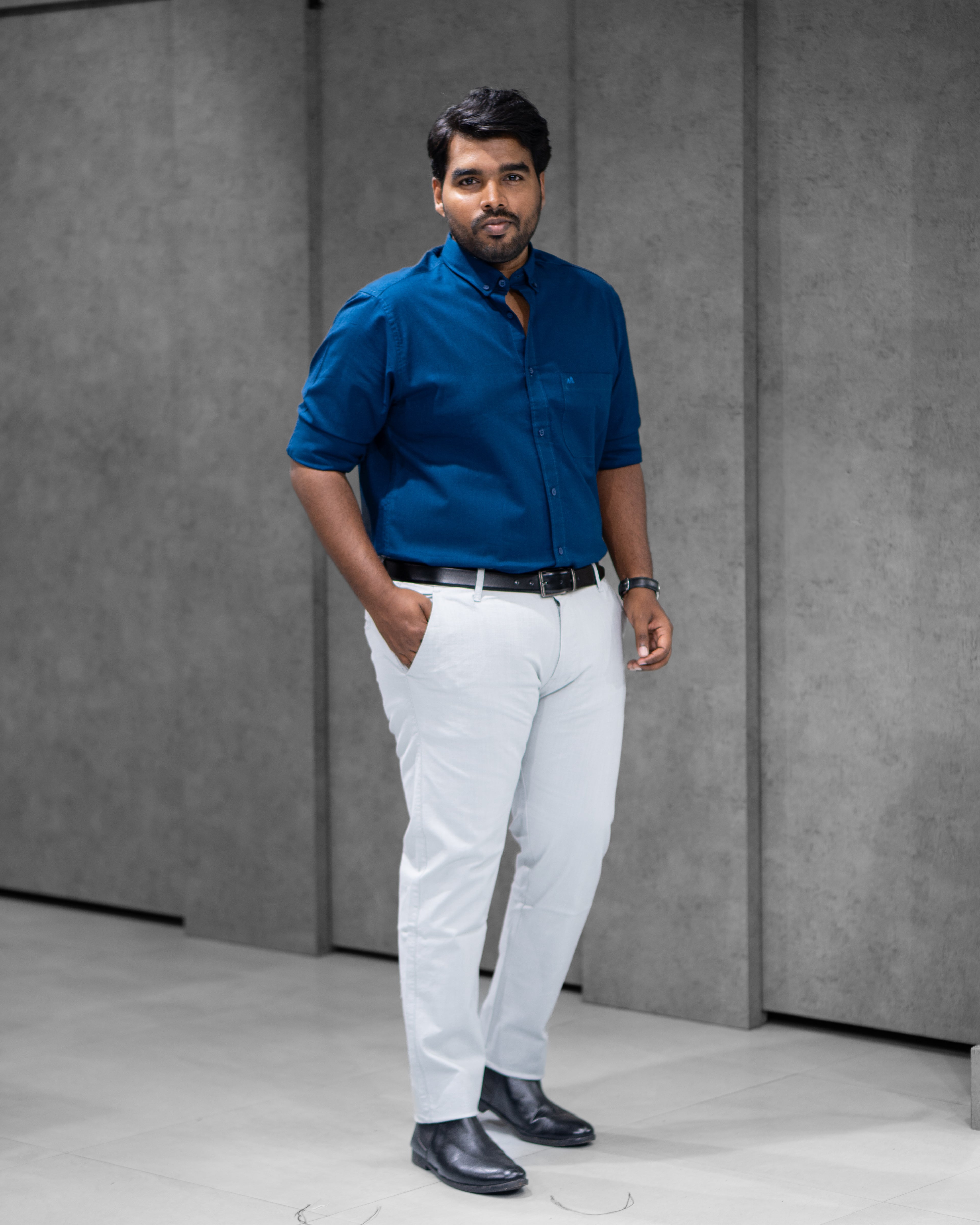Menly Peacock Blue Cotton Linen Shirt & Ice Grey Linen Pants Combo