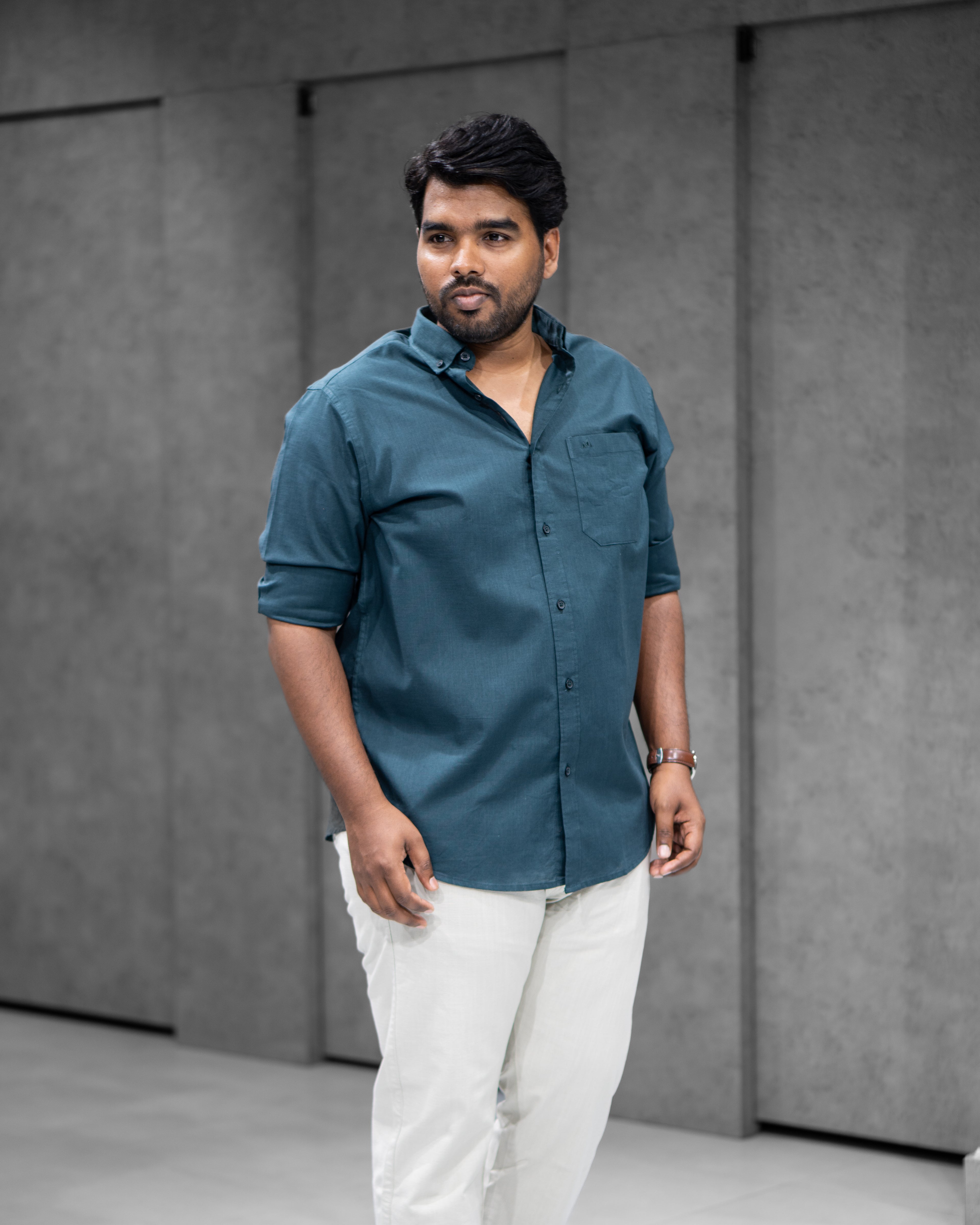 Menly Peacock Green Cotton Linen Shirt & Off White Linen Pants Combo