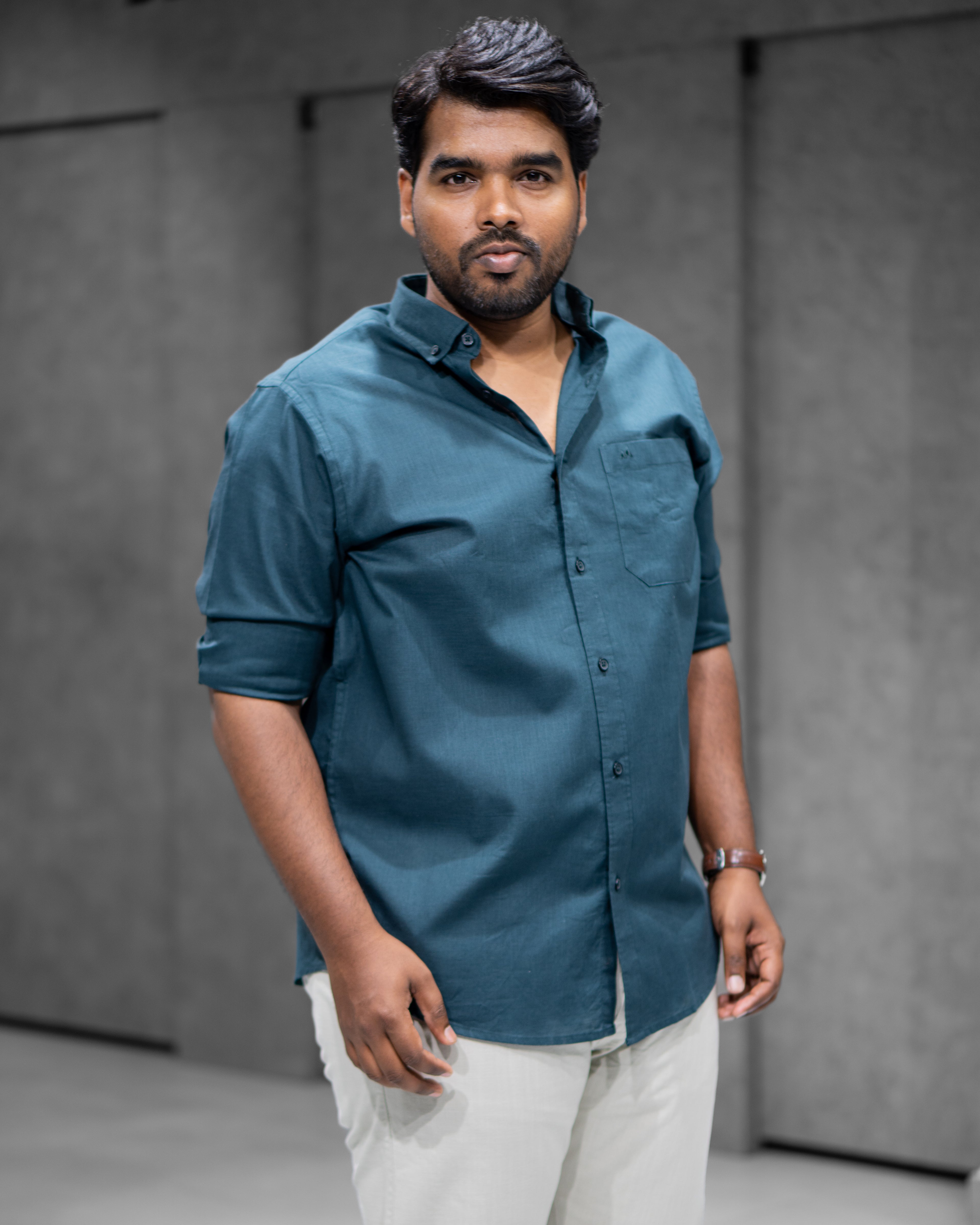 Menly Peacock Green Cotton Linen Shirt & Off White Linen Pants Combo