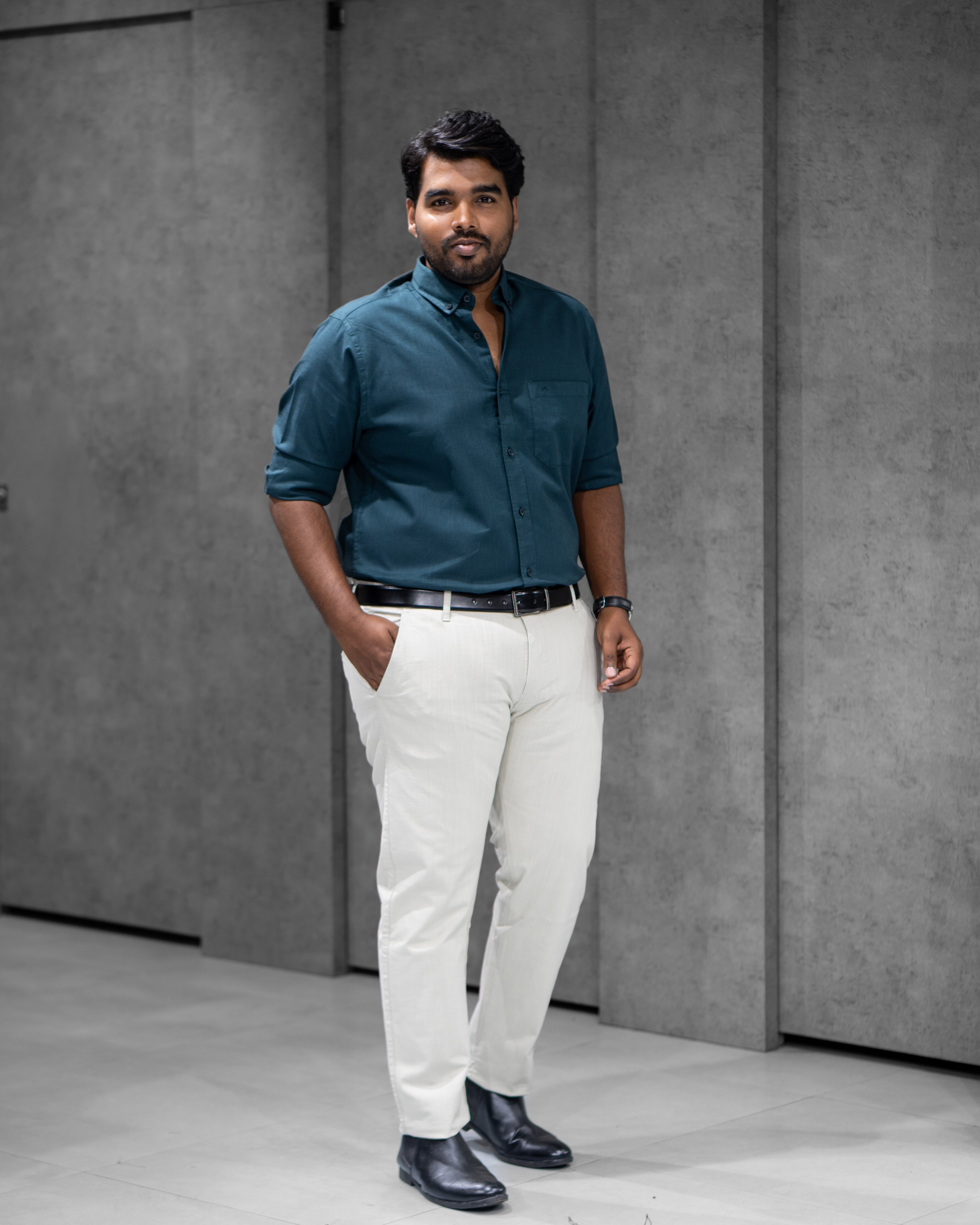 Menly Peacock Green Cotton Linen Shirt & Off White Linen Pants Combo