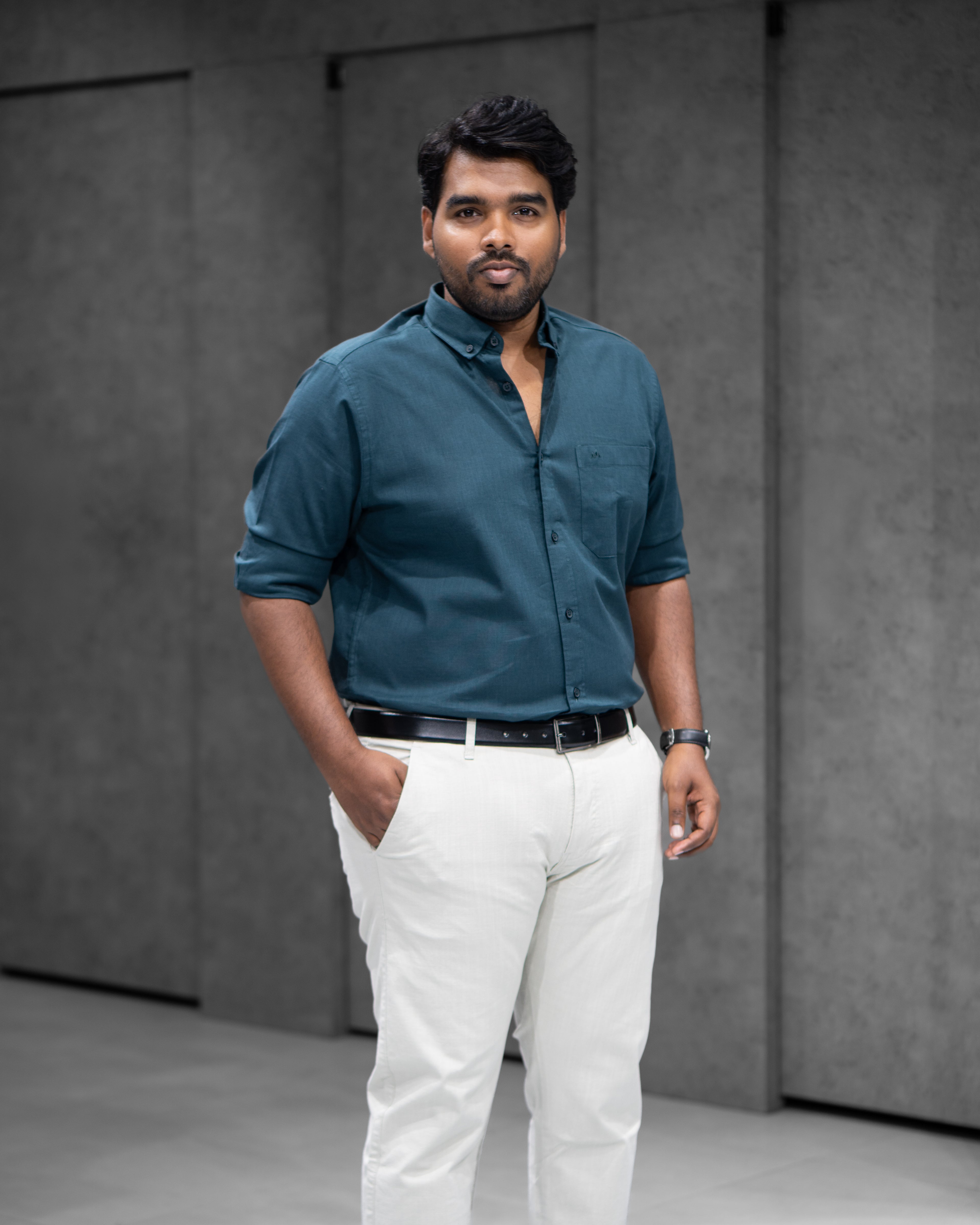 Menly Peacock Green Cotton Linen Shirt & Off White Linen Pants Combo