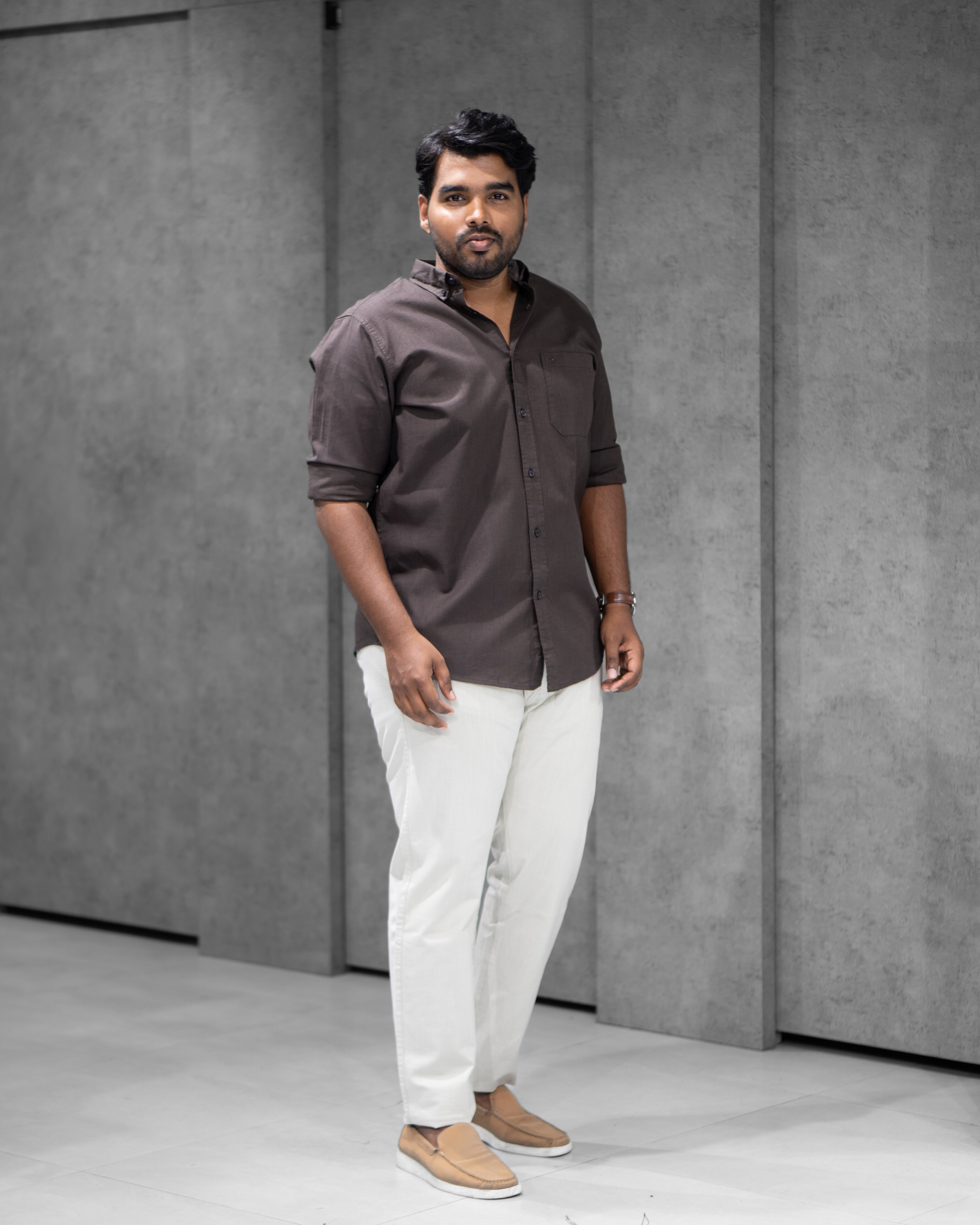Menly Dark Brown Cotton Linen Shirt & Off White Linen Pants Combo