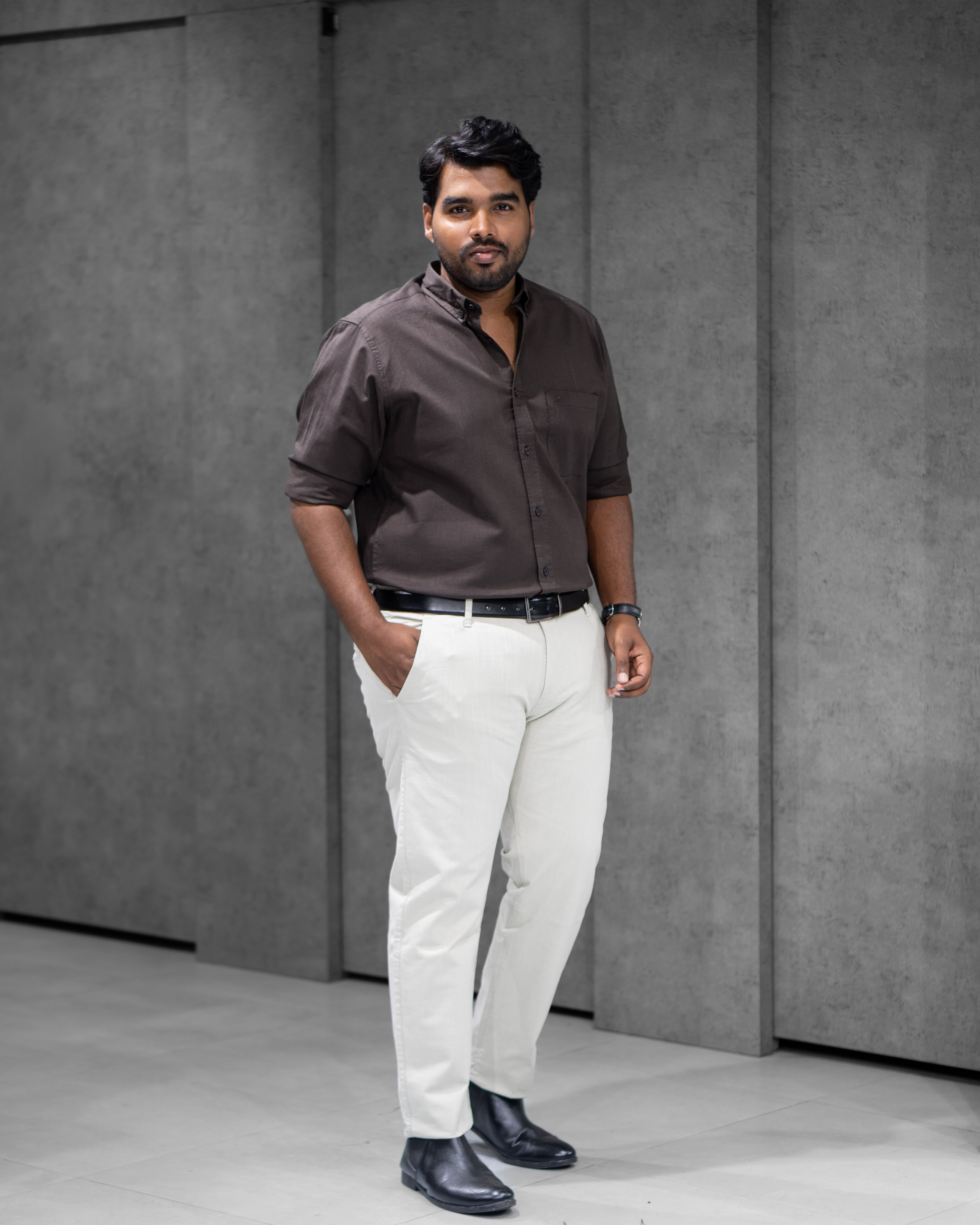 Menly Dark Brown Cotton Linen Shirt & Off White Linen Pants Combo