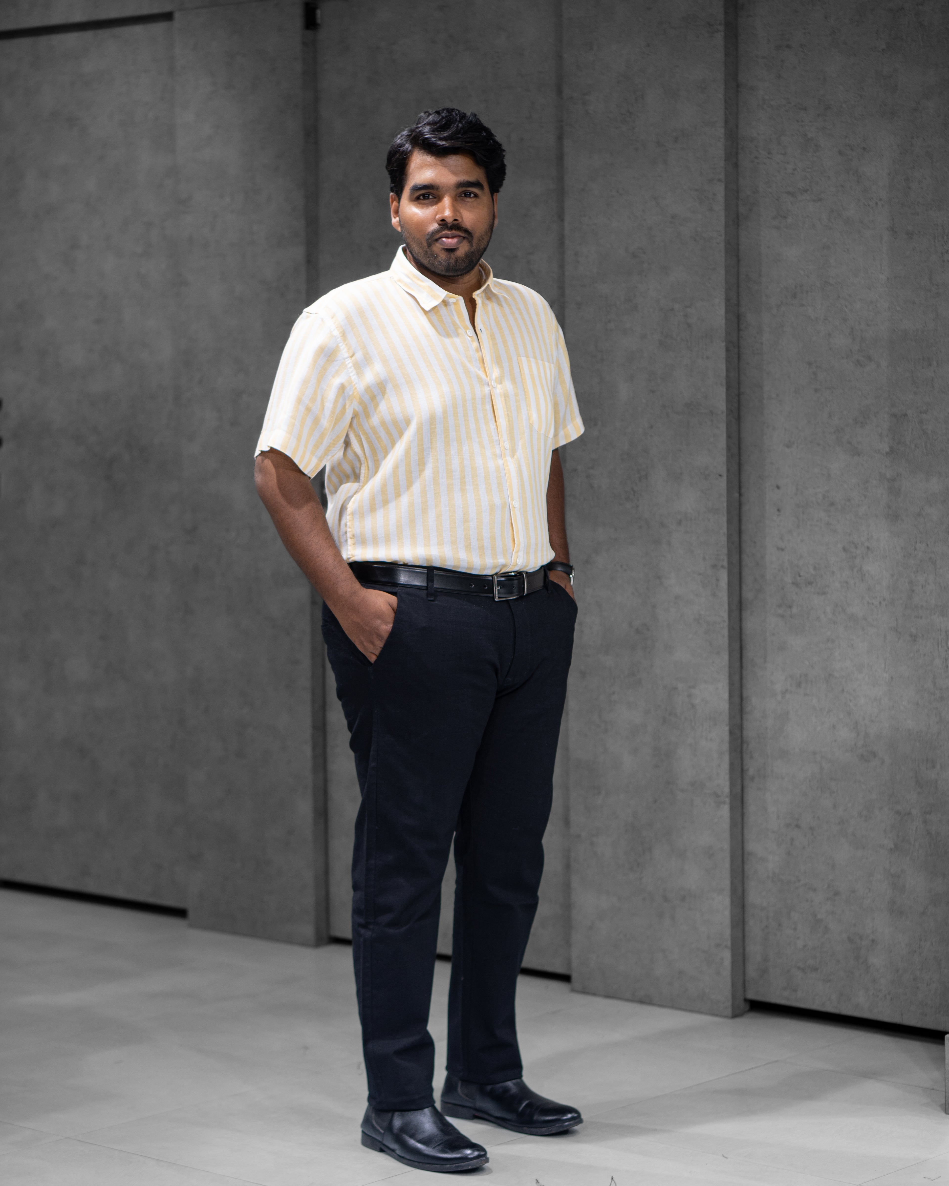 Butter Yellow Linen Blended Striped Half Sleeve Shirt