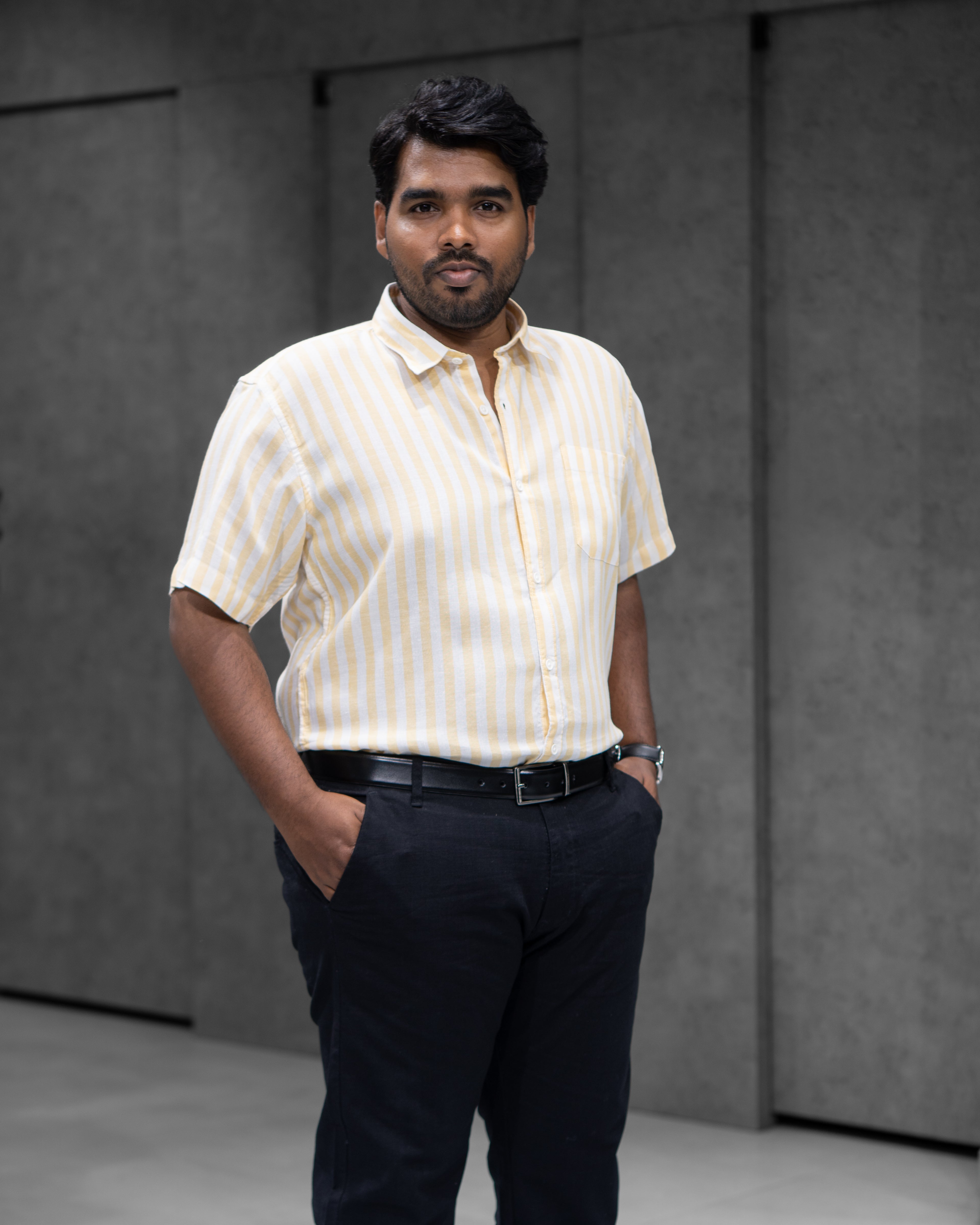 Butter Yellow Linen Blended Striped Half Sleeve Shirt